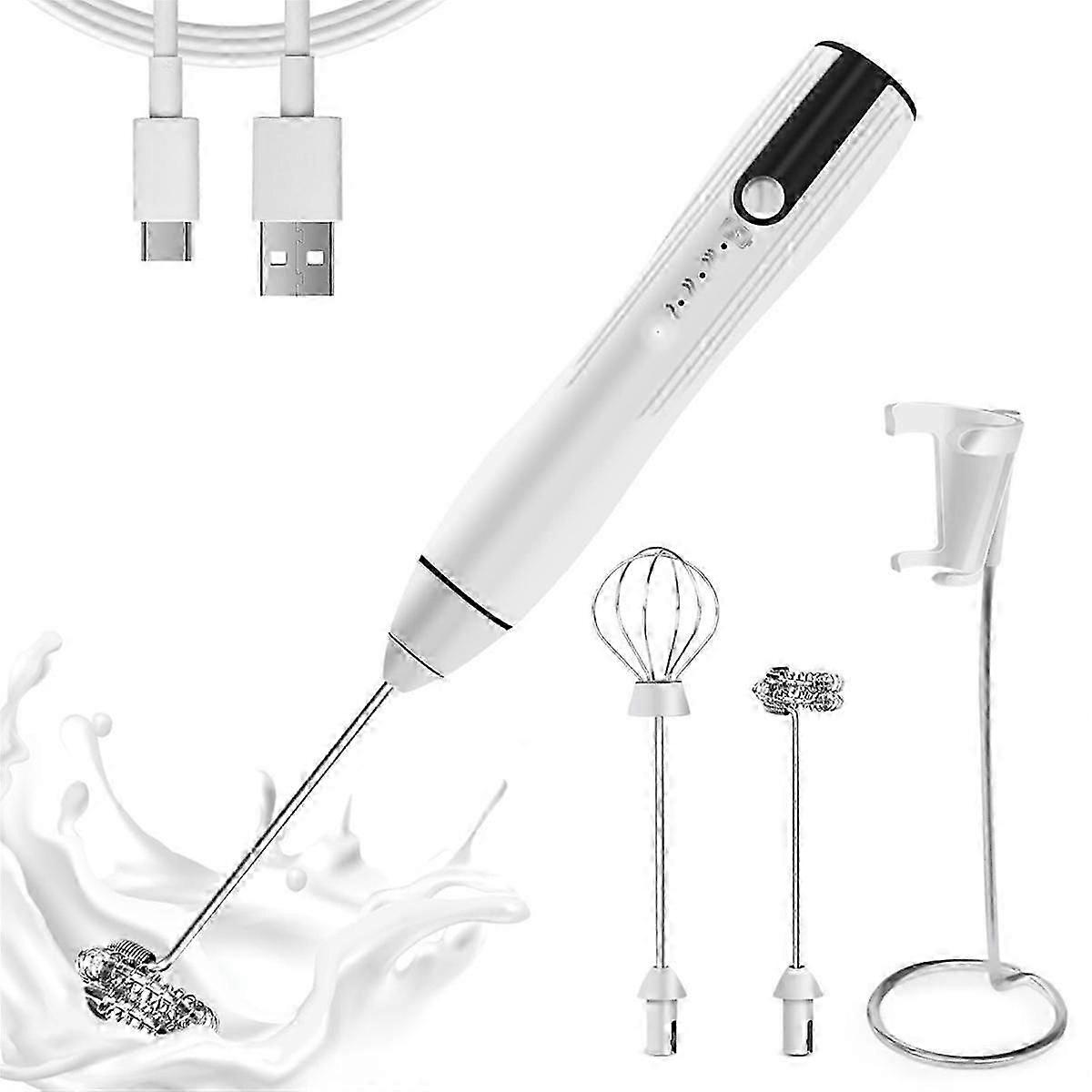 Rechargeable Milk Frother Handheld with 3 Speeds, Powerful Whisk Drink Mixer with 2 Head for Coffee, Foam Maker White