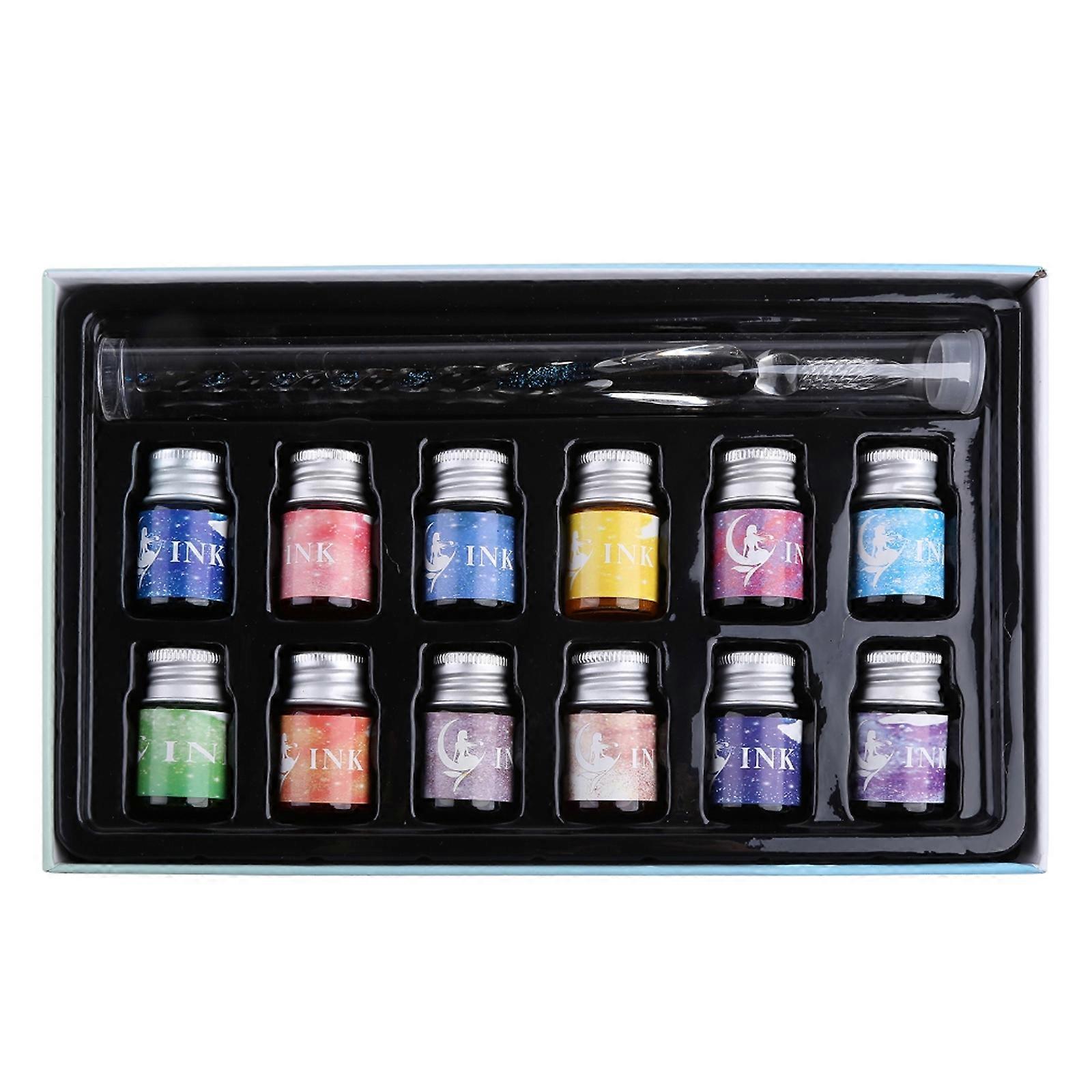 Beginner Dip Pen Set Includes 12 Colorful Ink Bottles Calligraphy Set Glass Dip Pen for Adults Student Calligraphy Gift