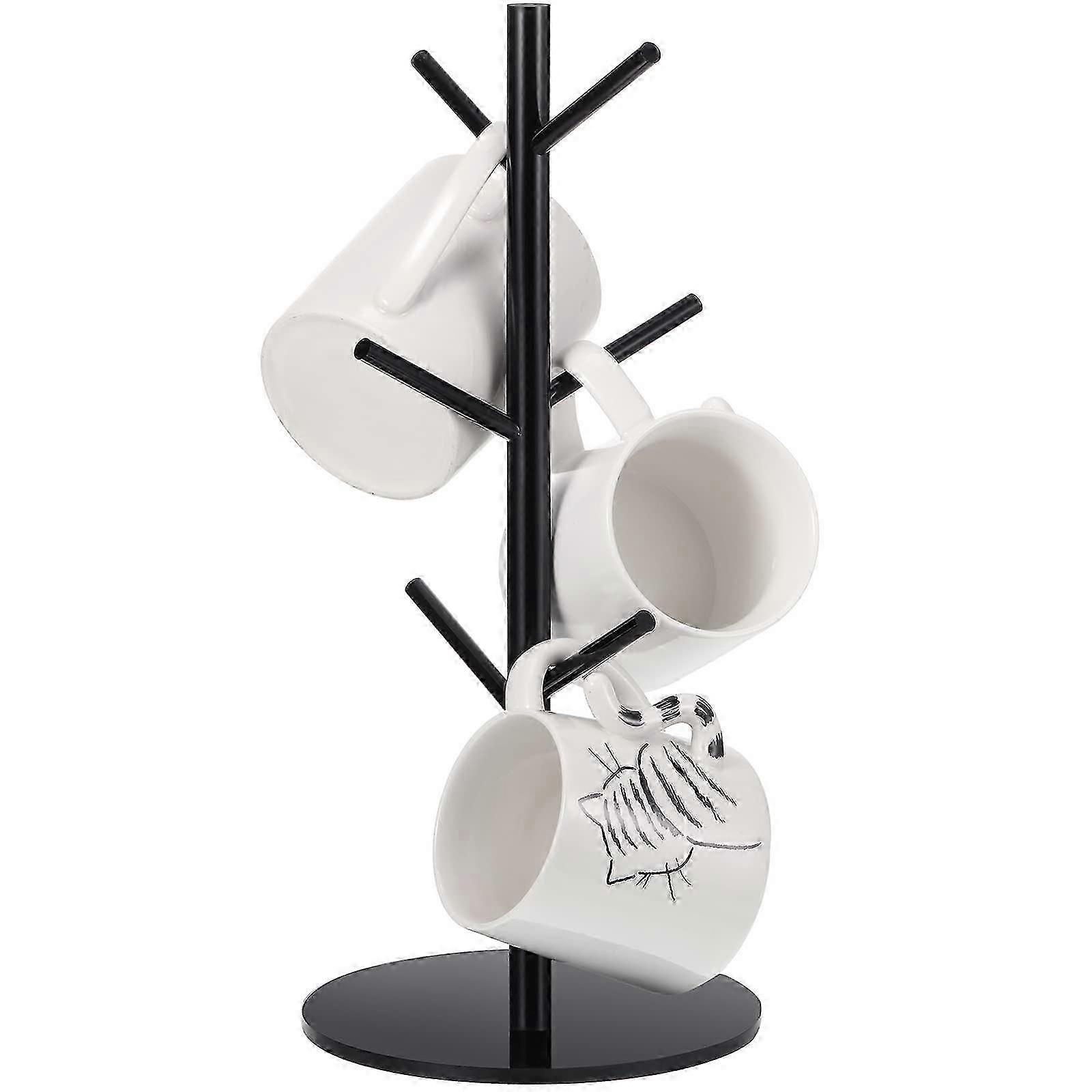 14 Inch Acrylic Coffee Mug Tree Holder with 6 Removable Hooks - Black