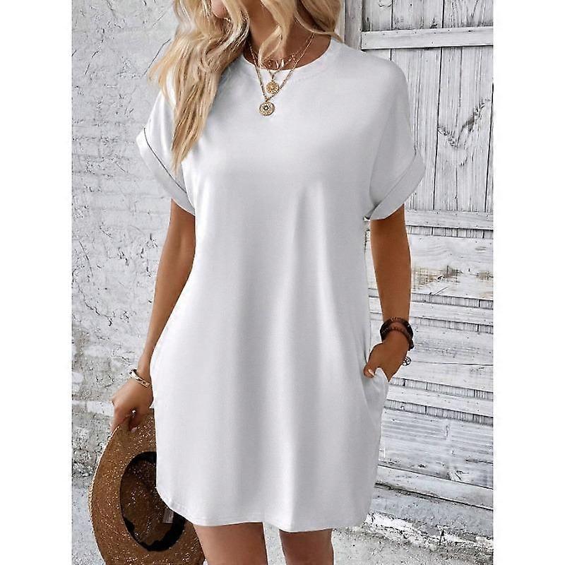 IHUASU Spring Summer Solid Color Round Neck Loose Short Sleeve Pocket Dress