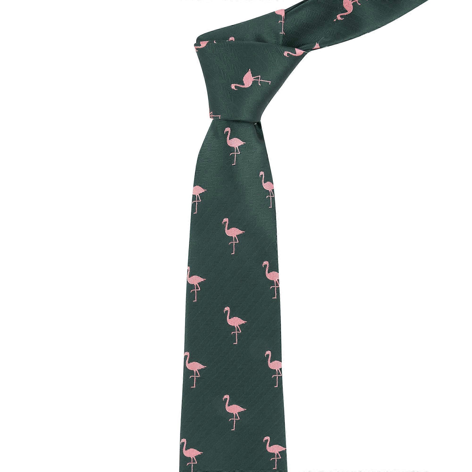 Dark Green Flamingo Herringbone Tie