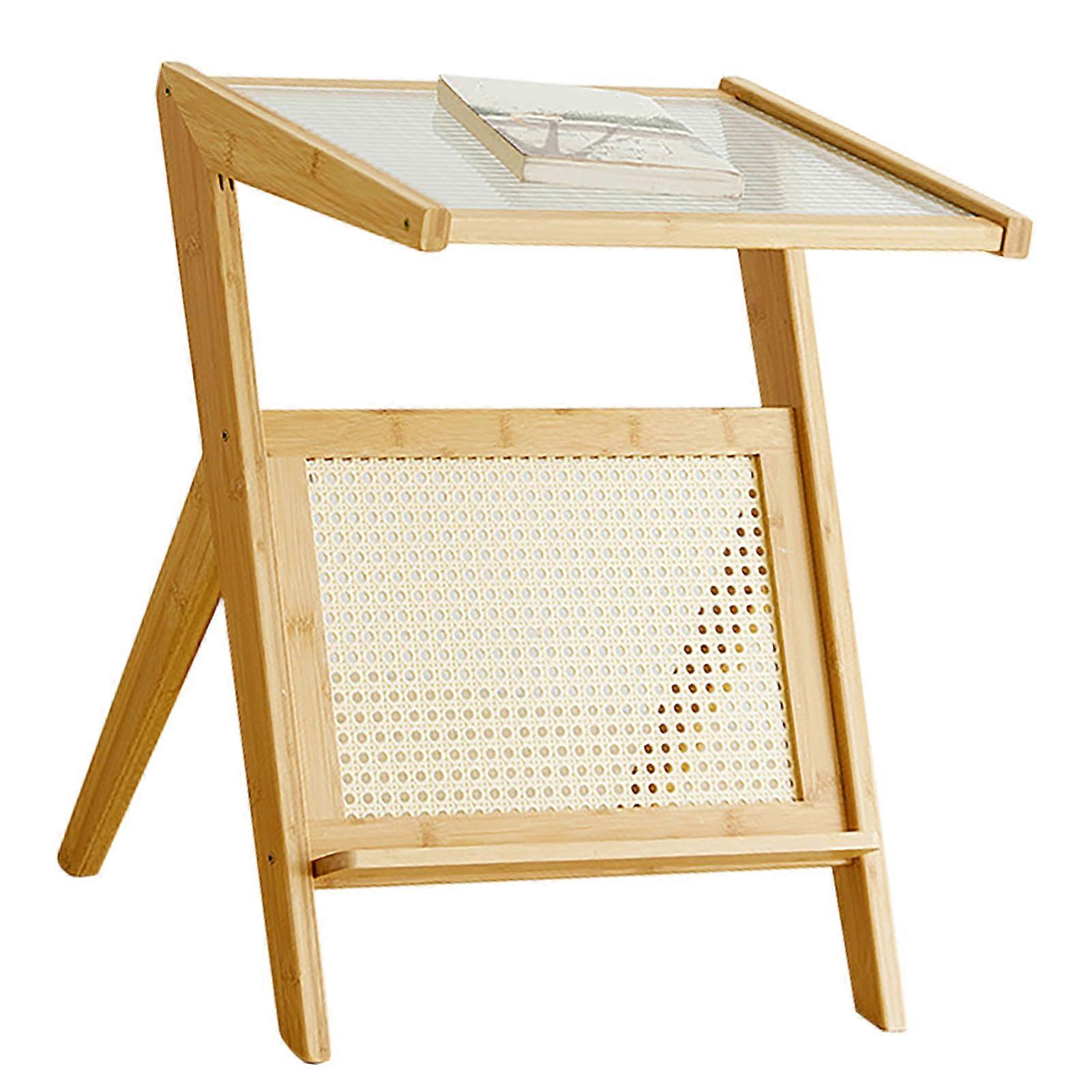 Sofa Side Table Bamboo Bracket Glass Tabletop Modern Decorative End Table Bedside Night Stand Home Decor 