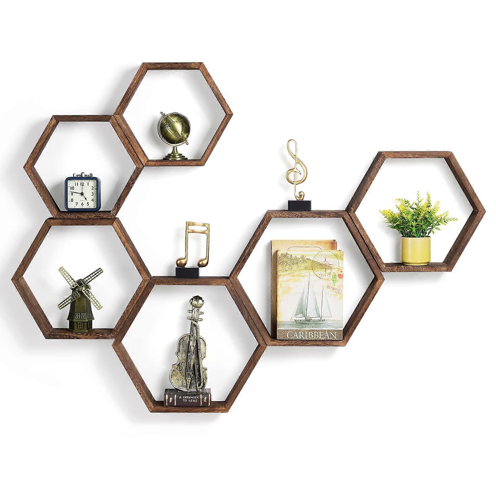 Hexagon Floating Shelf Set with 6 Honeycomb Wall Shelves for Farmhouse Decoration Brown