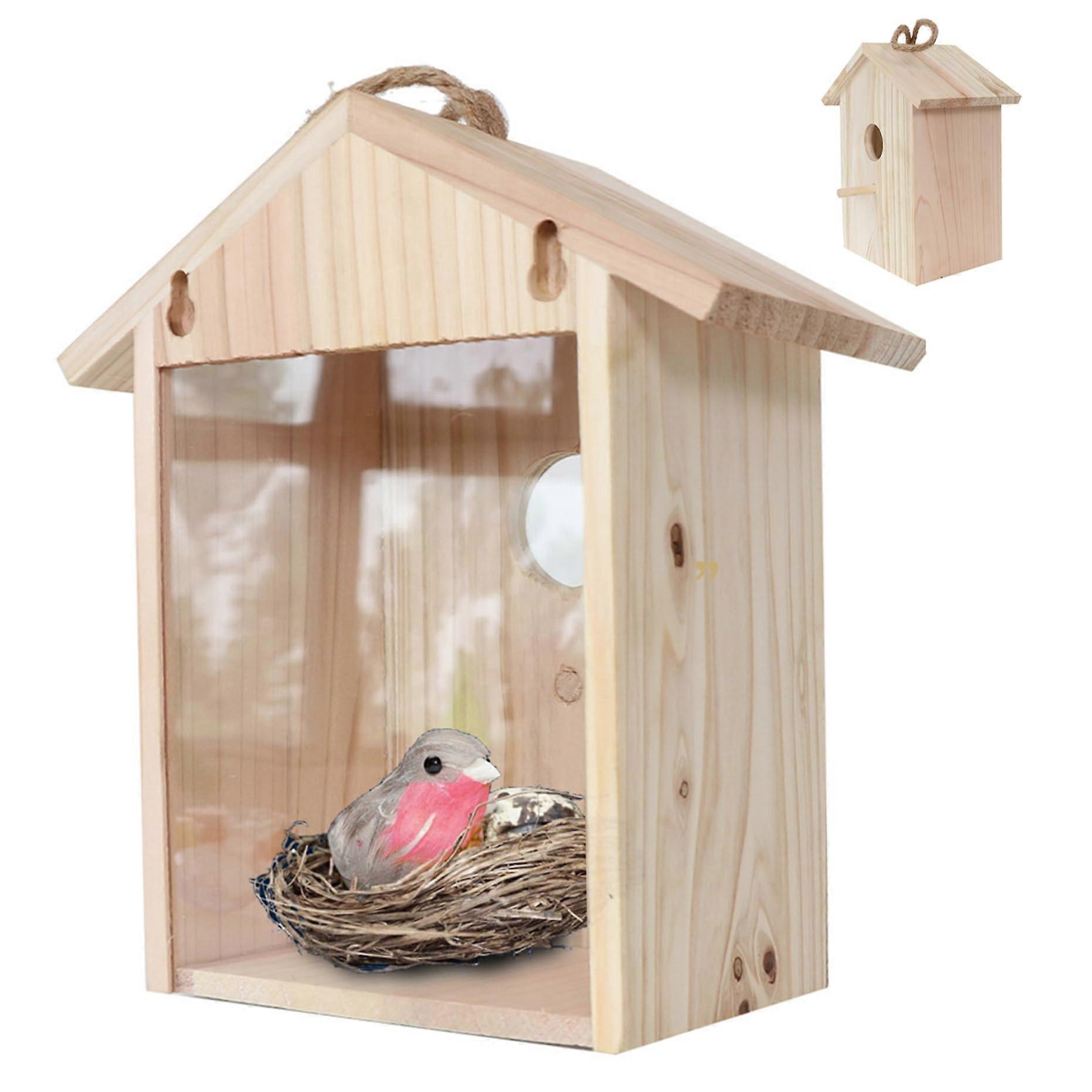 Vogelhaus with visual window 2pcs houseshaped wooden bird nest with perch, round door, hanging rope and suction cup for window, balcony, balcony