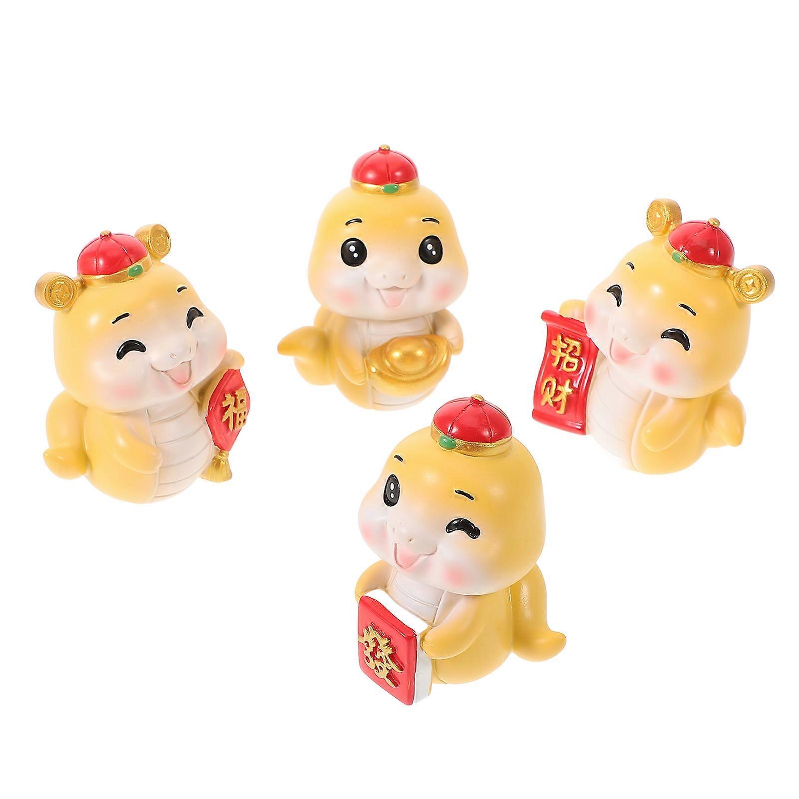 4pcs Mini Resin Snake Figurines Cute Cartoon Mascot Decorations for Chinese New Year Playful Ornaments for Desk Shelf Office Home Small Space Display