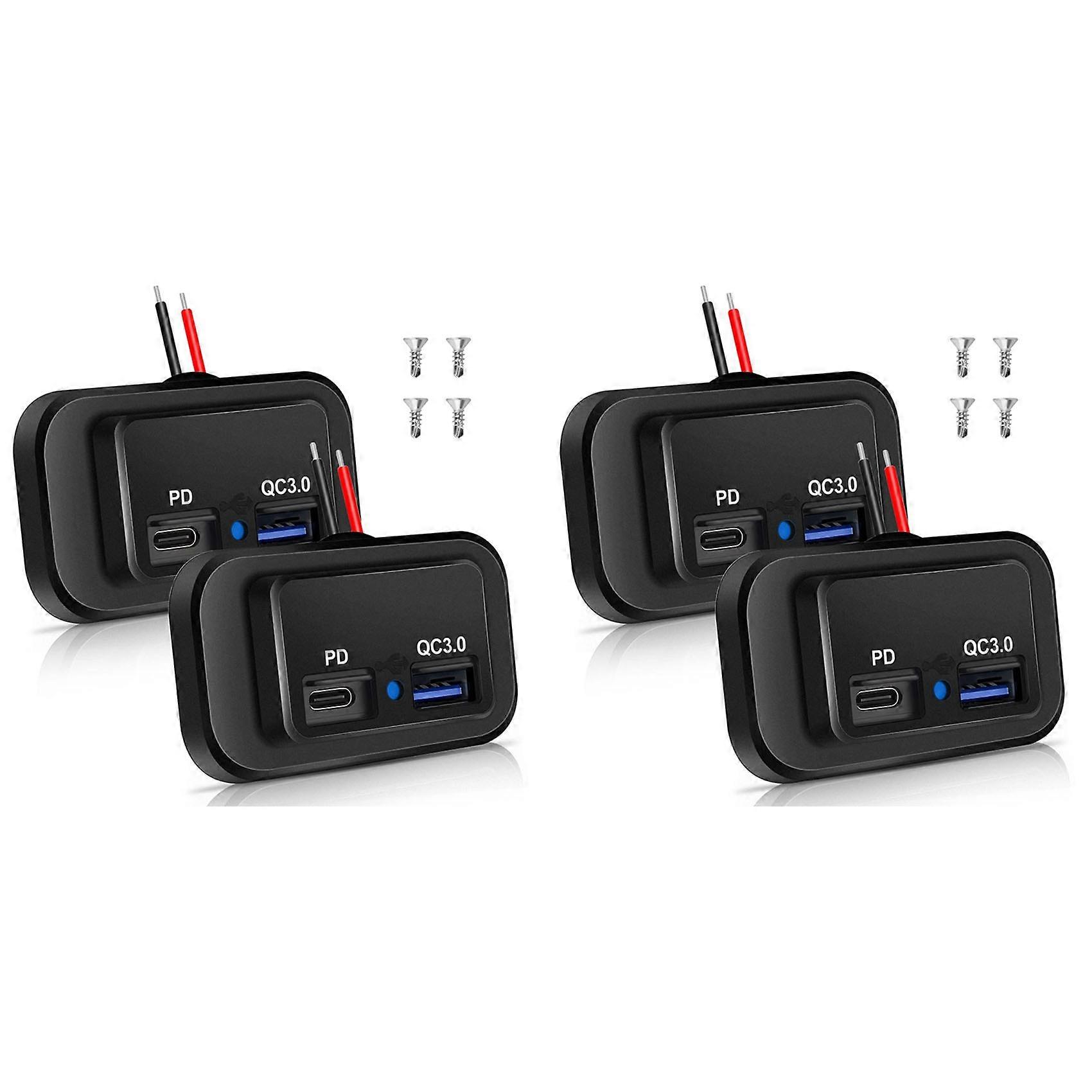 4PCS 12V/24V RV USB Outlet, Dual PD3.0 Type-C (USB C) & Quick Charge QC3.0 USB-A Port Panel Mount Ca
