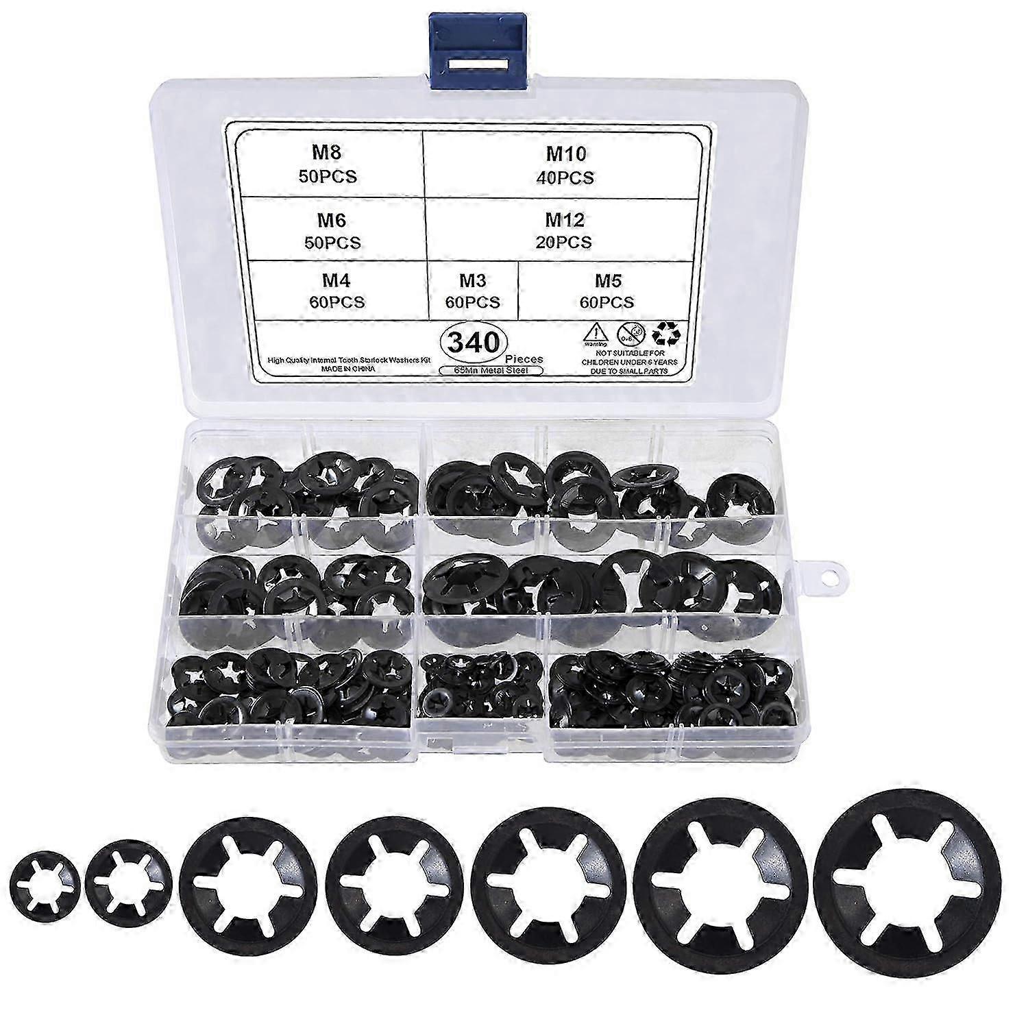 Universal Lock Washers Lock Washer M3 M4 M5 M6 M8 M10 M12 Starlock Washer Quick Push Fasteners Assortment Kit with Box Black 340 Pieces