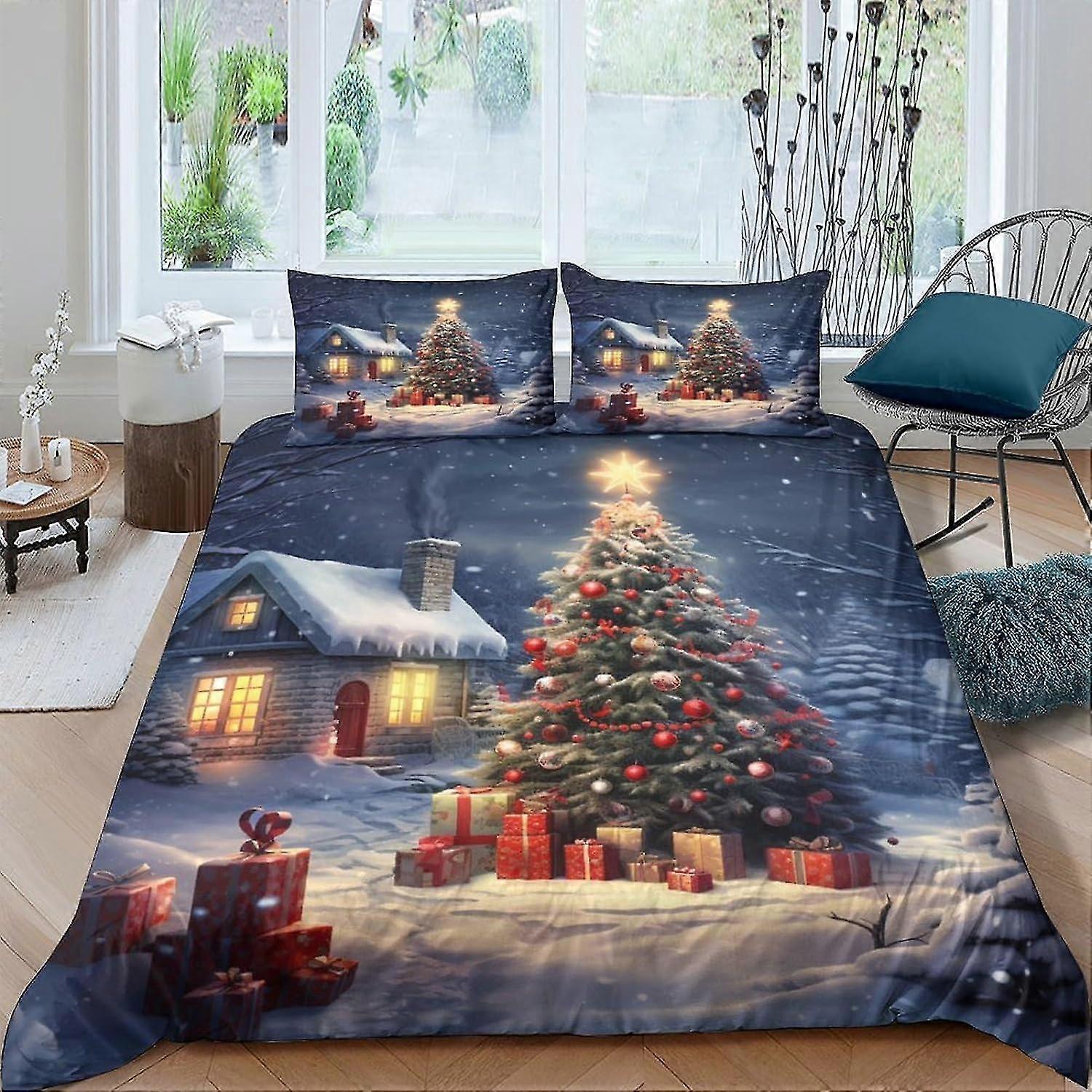 Conjunto de cama infantil de 3 peças com design de árvore de Natal, capa de edredom de impressão 3D de microfibra e fronha