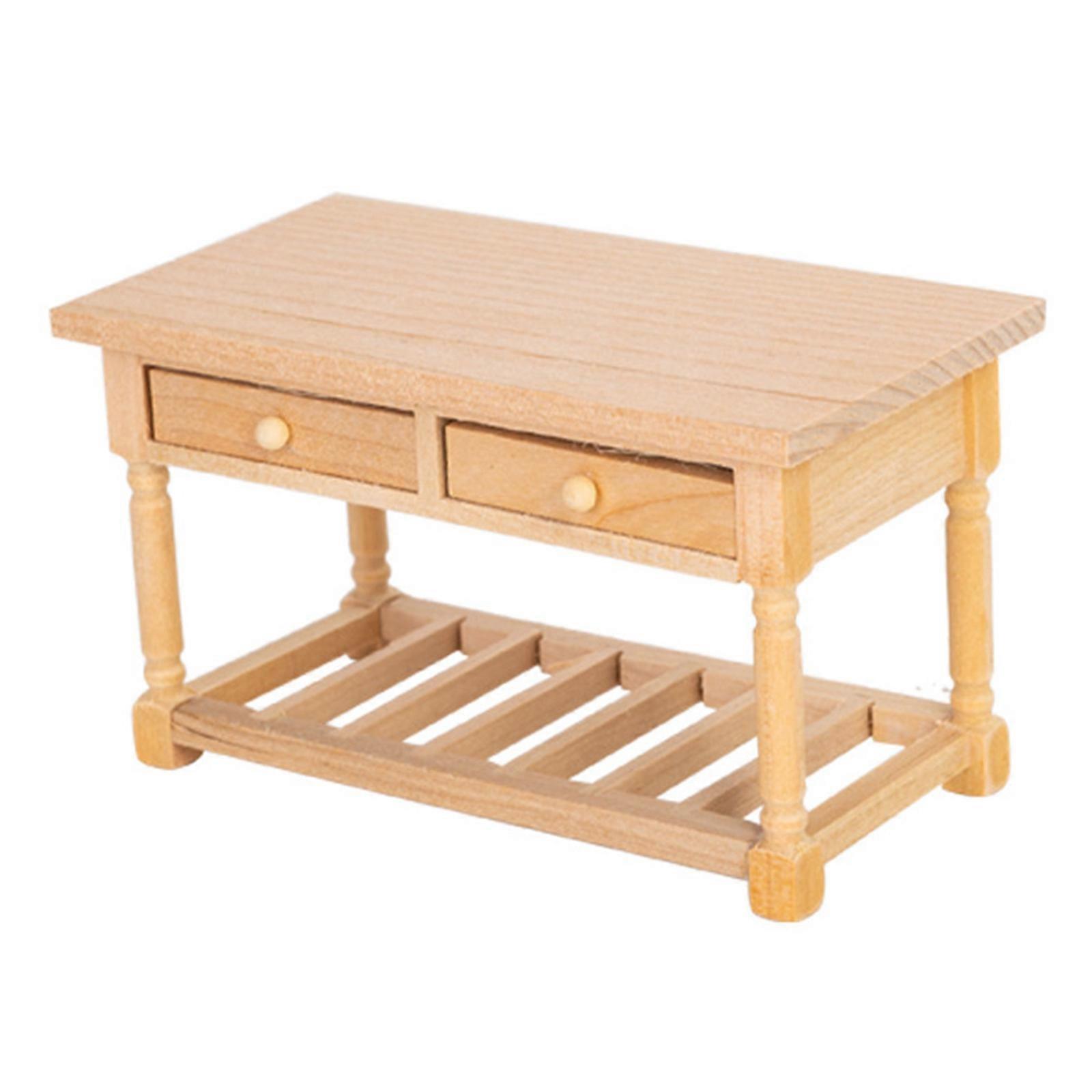 Miniature Wooden Table Figurine 1/12 Scale For Dollhouses Scene Display with Functional Drawer Dining Room Layouts Log Color