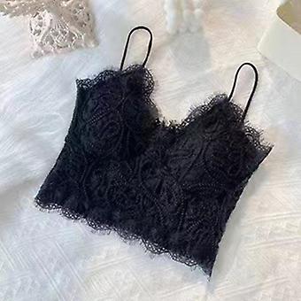 Women Lace Camisole Bra Knitted Pattern Stretch French Corset Removable Chest Pad Casual Strap Sling Tank Tops For Daily White New