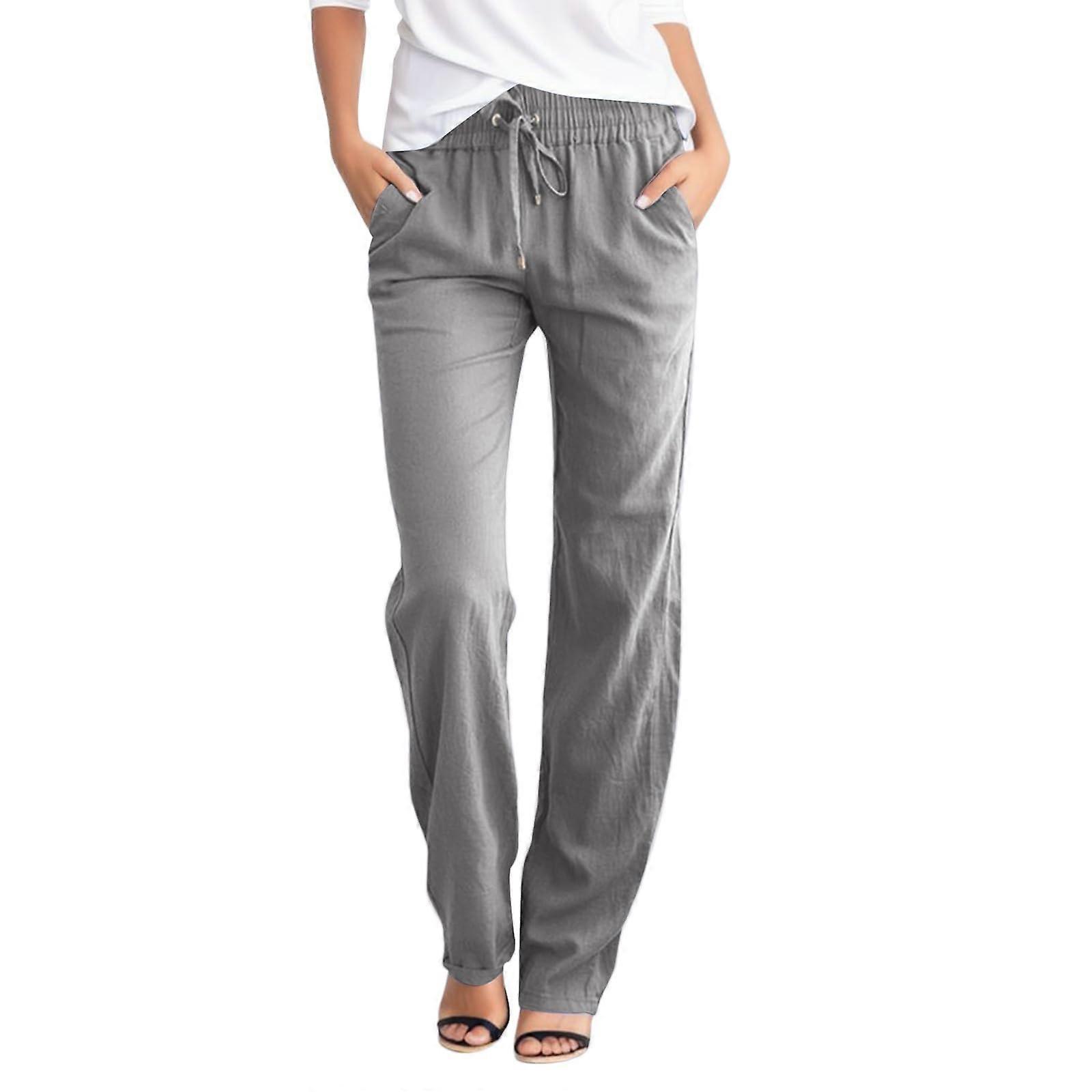 Women's Striped Trousers Blue Cotton Linen Casual Elastic Waist With Pockets Gray XXL