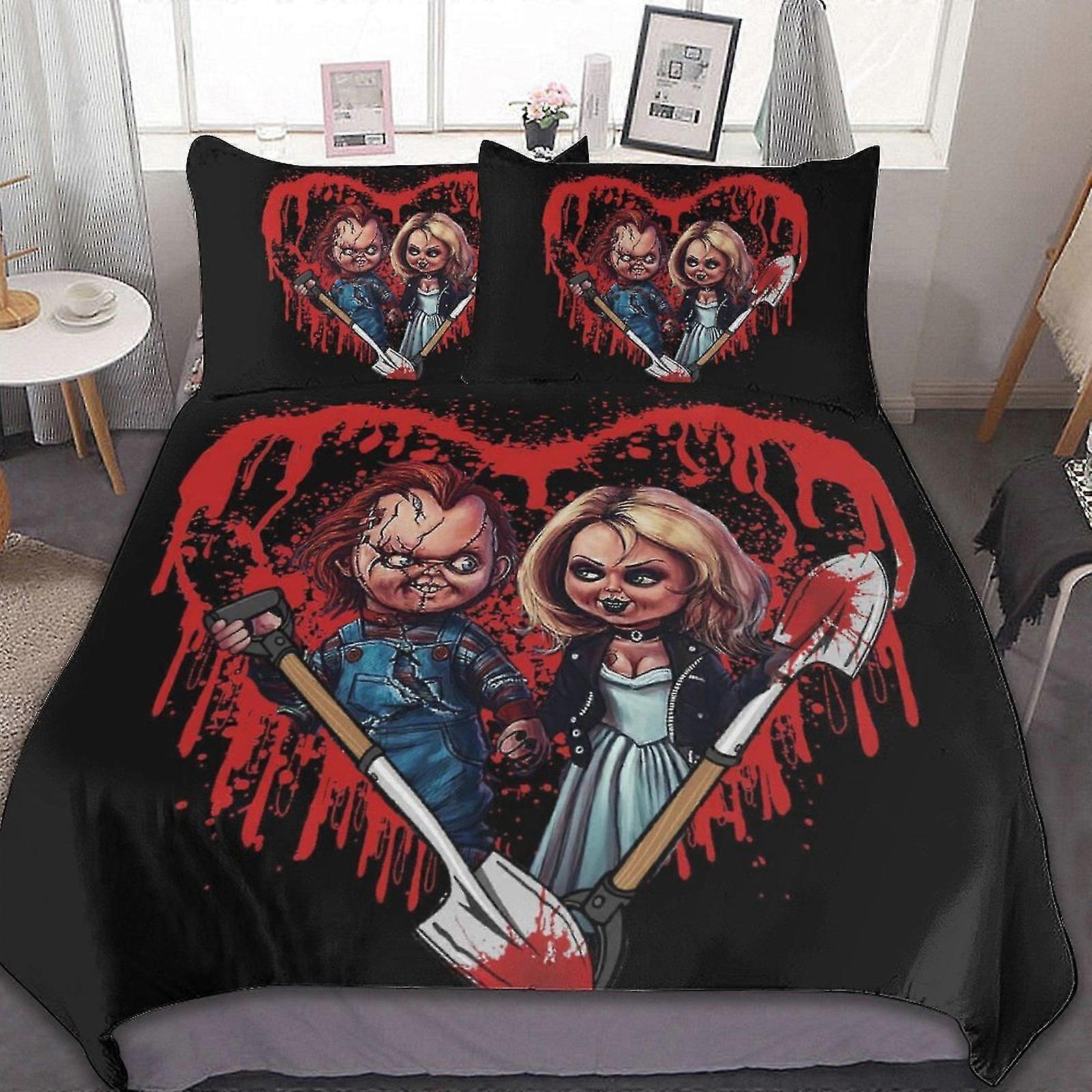 Bride of Chucky 3 st lakan set Andningsbart påslakan med 2 kuddar Shams Soft All Seasons sängkläder set