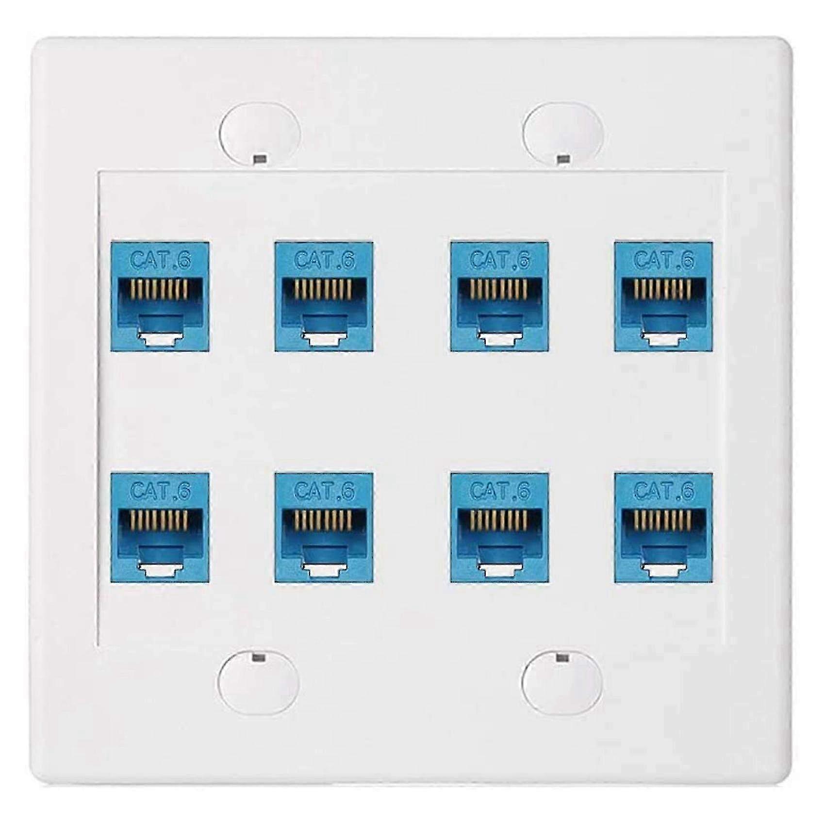 8 Port Cat6 RJ45 Ethernet Wall Plate - Double Gang Network Faceplate with Female to Female Jacks for High-Speed Internet Cabling