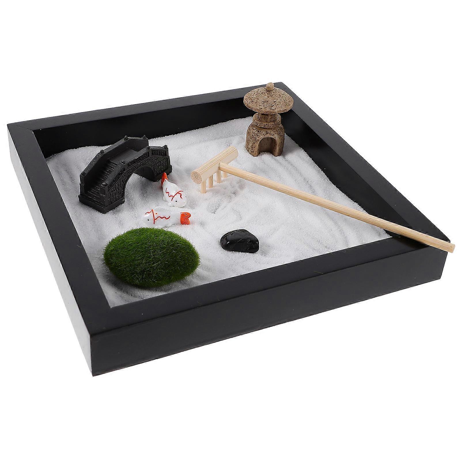 Desk Decor Japanese Zen Garden Kit Desktop Ornament Stress Relief Square Shape Assorted Color 18X18X2.5CM 1 Set