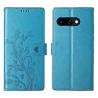TKdaddy För Google Pixel 9a Plånboksfodral Fjäril Blommig Avtryck PU Läder Telefonskydd Med Handledsrem Blå