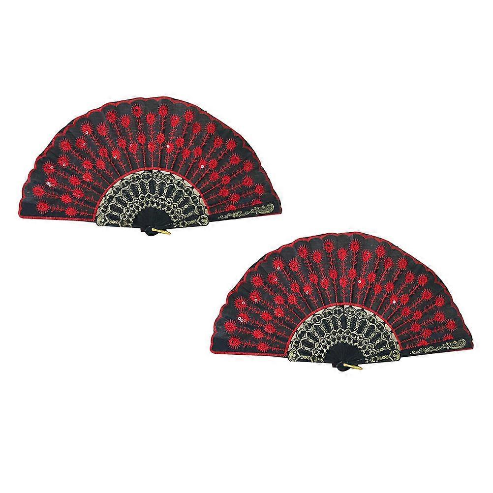 Antique Embroidery Folding Fans, 2pcs Retro Handheld Dance Props for Parties Decoration, Lightweight Portable Red Fans