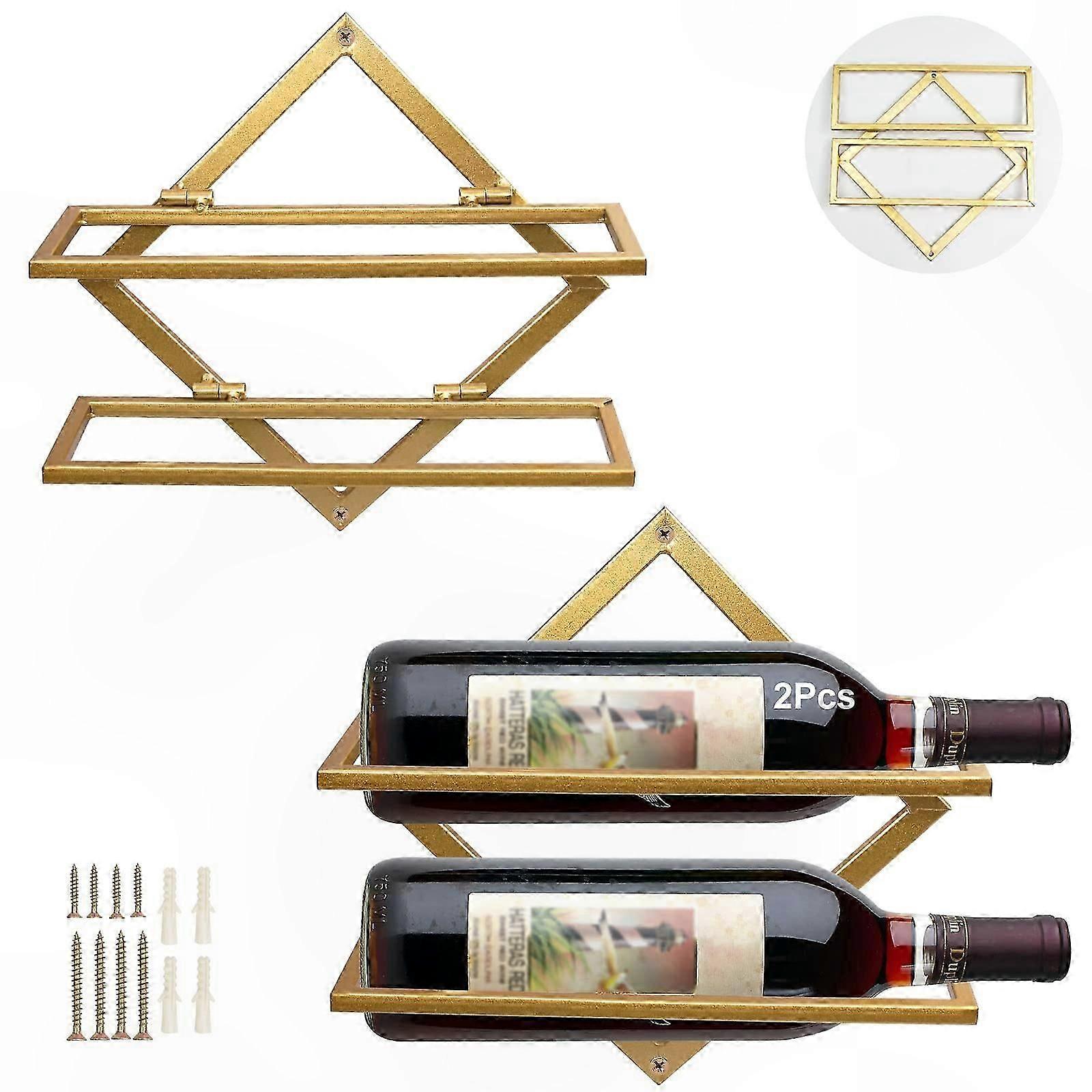 Foldable Metal Wall Mounted Wine Rack Holder for 2 Bottles, Gold Hanging Organizer, 2pcs Wine Display Hanger