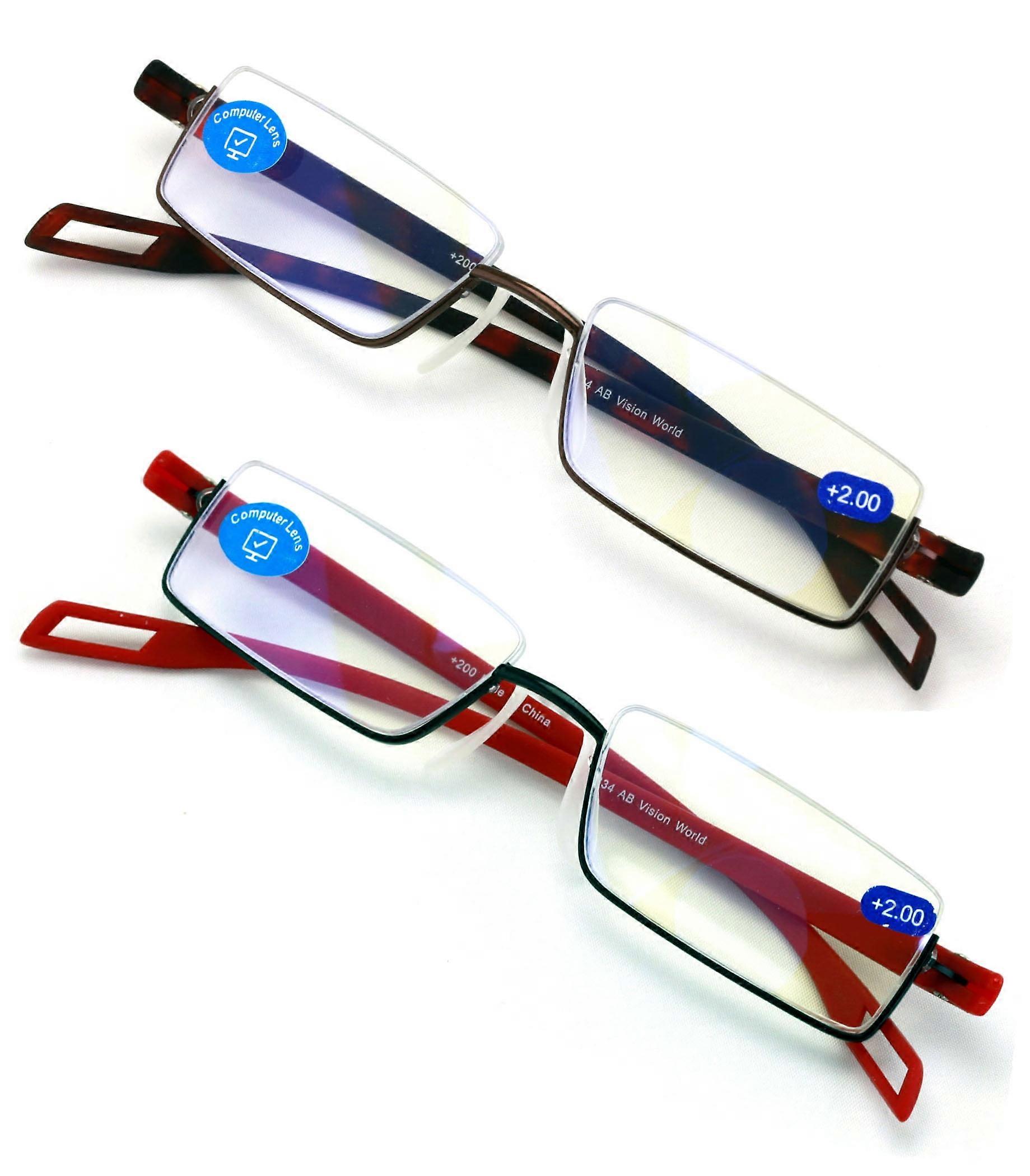 2 Pairs Featherweight Slim Half Rim Memory Flex Reading Glasses With Anti-Blue Ray Coating +2.25
