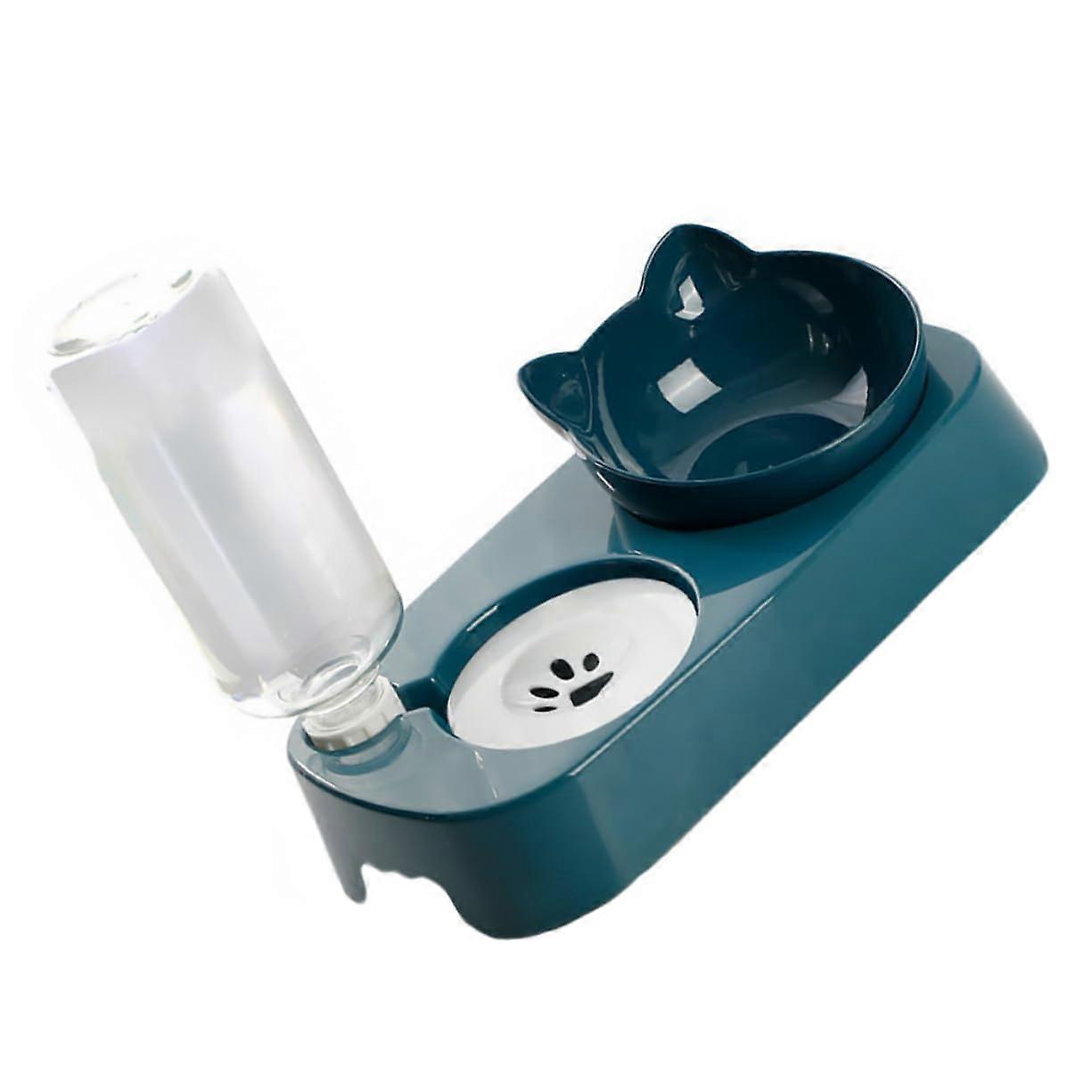 Automatic Spill Pet Tilt Bowl with Dual Feeding and Water Dispensing Function, Plastic Cat Feeder, Slip Base, Nordic Blue for Small Cats