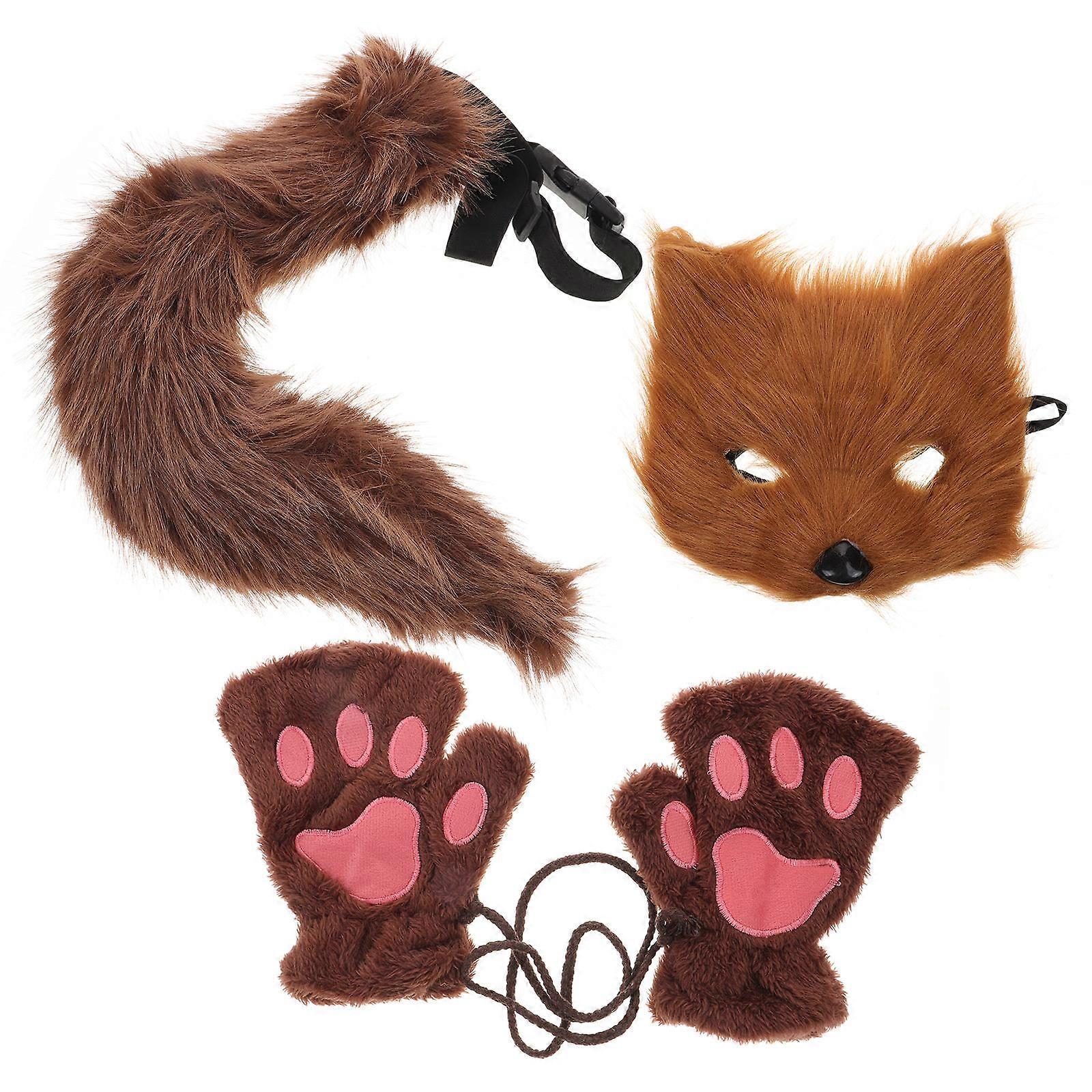 Fox Tail Mask Gloves Set for Party Use 4Sets Brown Cloth Cosplay