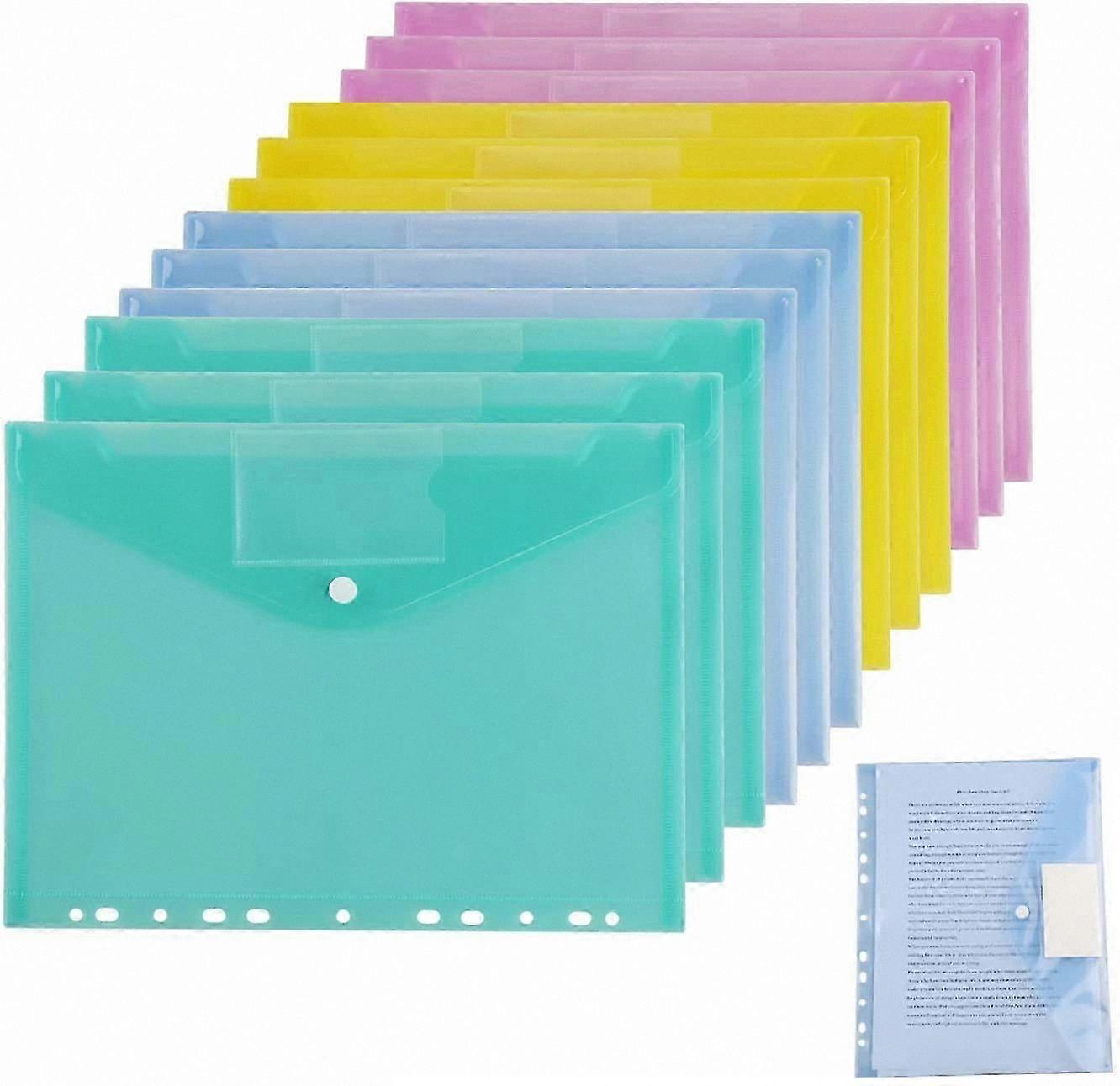 A4 Size 12-Pack Clear Plastic Pockets, 6 Vibrant Colors, Button-Secured Bags for Document Sorting and Organization