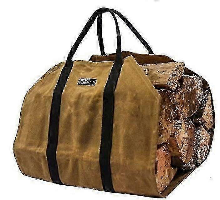 Heavy duty firewood carrier for logs with sturdy handles and waxed canvas