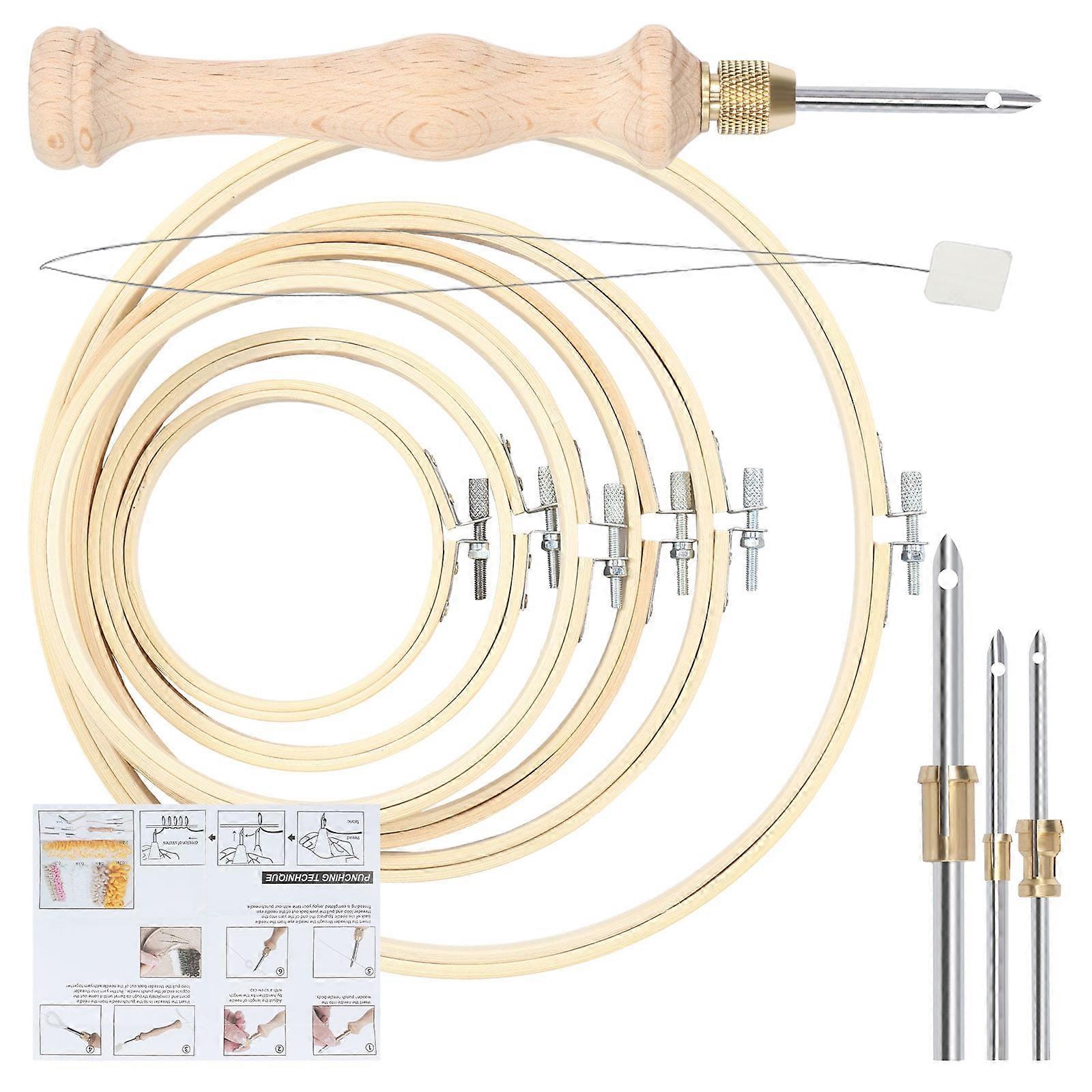 Wekvgz 11pcs Punch Needle Kit with Wooden Handle, 6 Sizes Hoops, Adjustable Tool, compatible with embroidery & cross stitching, DIY for Beginners