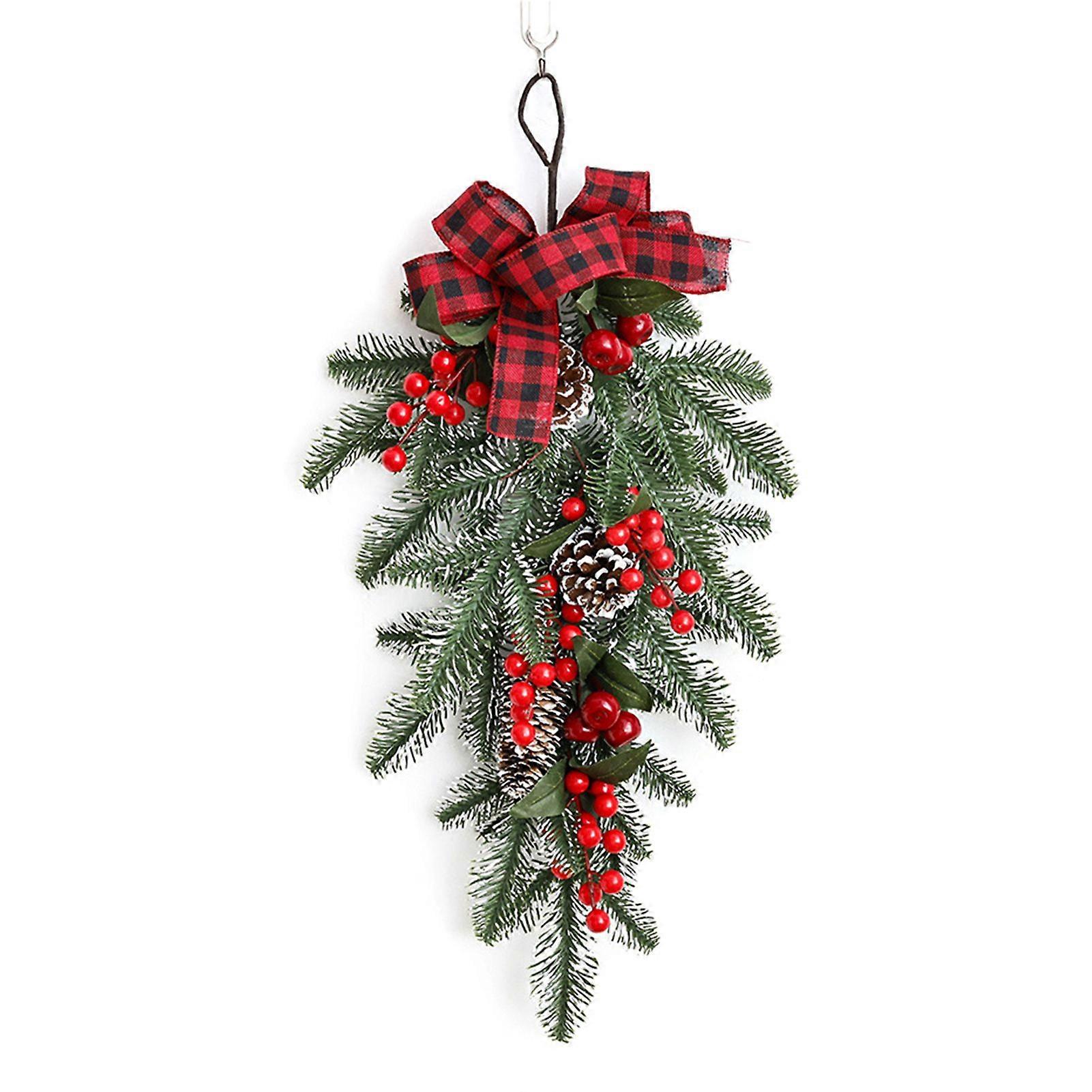 Christmas Teardrop Swag Wreath Artificial Pine Branch Teardrop Swag with Pine Cone Red Berry And Plaid Bow for Winter Front Door Wall Staircase Outdoo