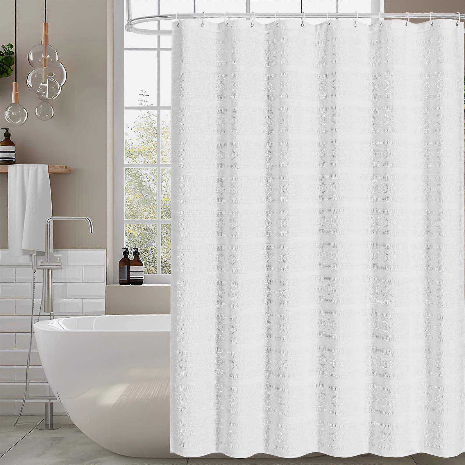 White Farmhouse Fabric Shower Curtain 72x78 Water Repellent Jacquard with 12 Rustproof Hooks