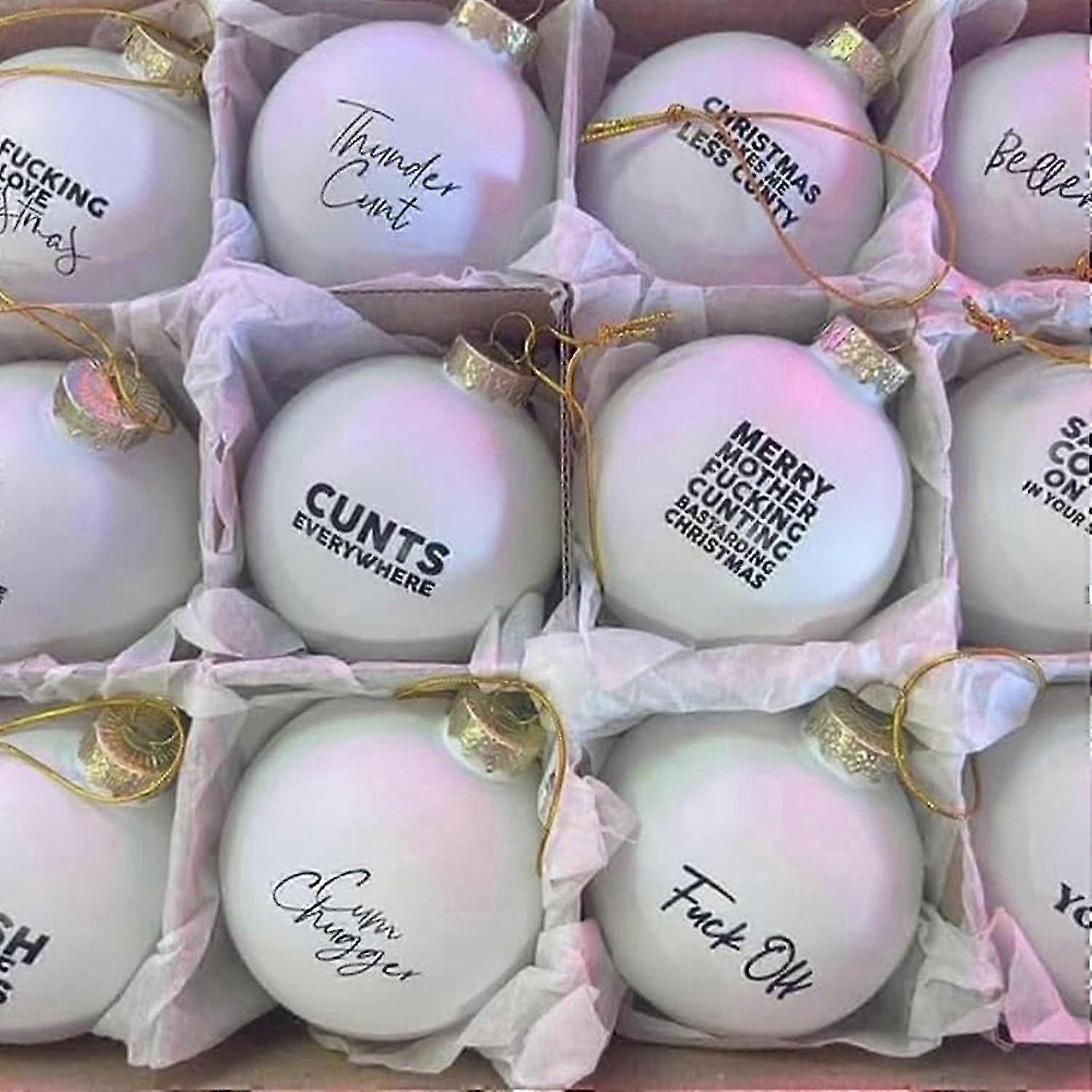 Holiday tree baubles with sweary text, set of 12 ornaments.
