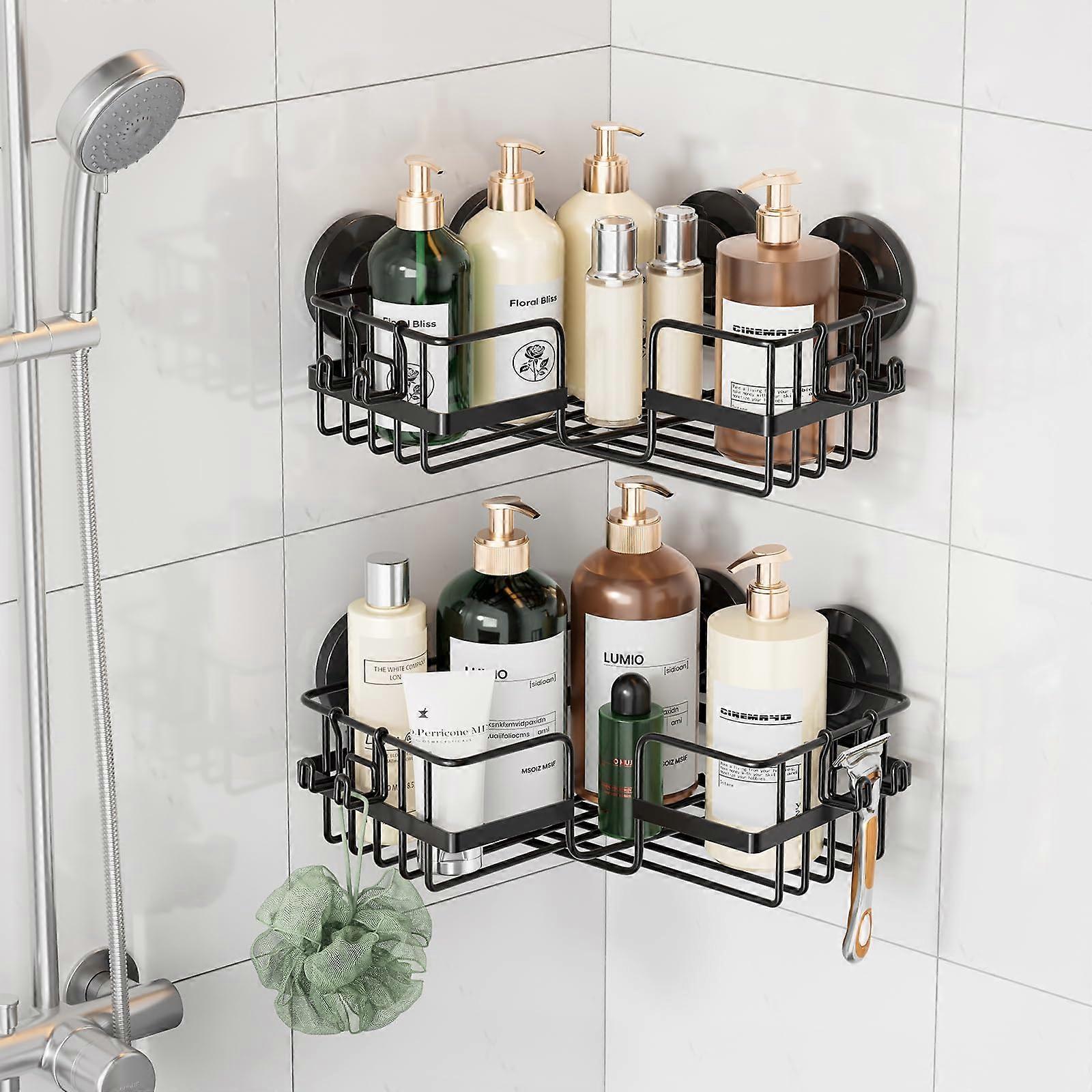 2 Pack Drill Corner Shower Caddy with Rustproof Suction Cup, Adjustable HeavyDuty Shelf, Black