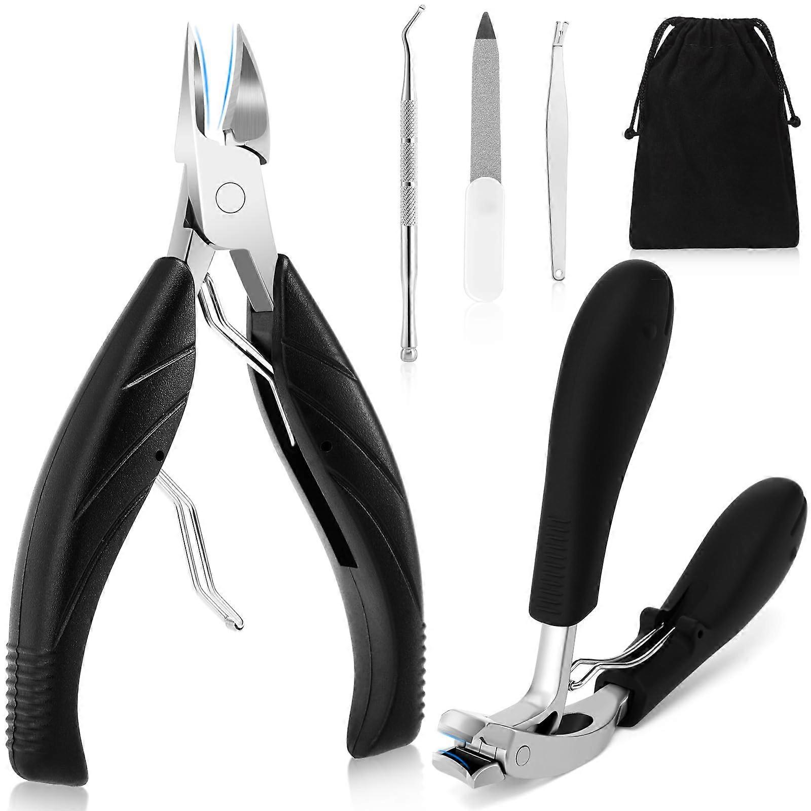 Toenail Clippers for Seniors with Long Handle, Heavy Duty Ingrown Toenail Cutter Set Black 5in1