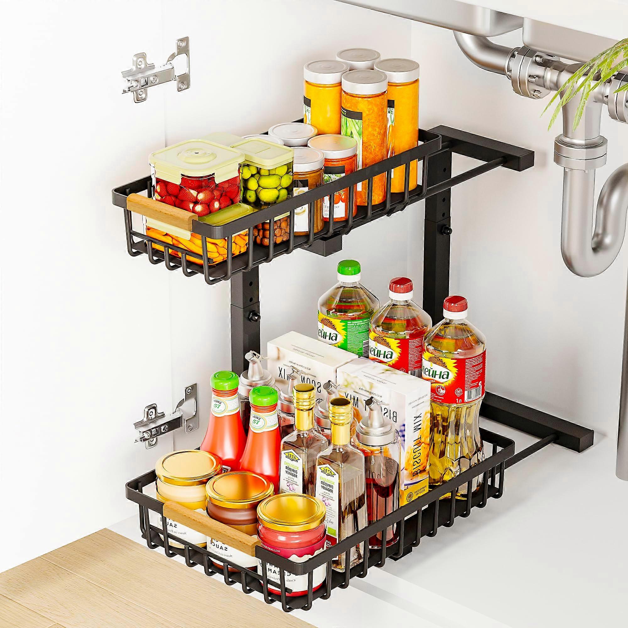 Under Sink Organizer 2 Tier Pull Out Adjustable Height Sliding Cabinet Drawer for Kitchen Bathroom