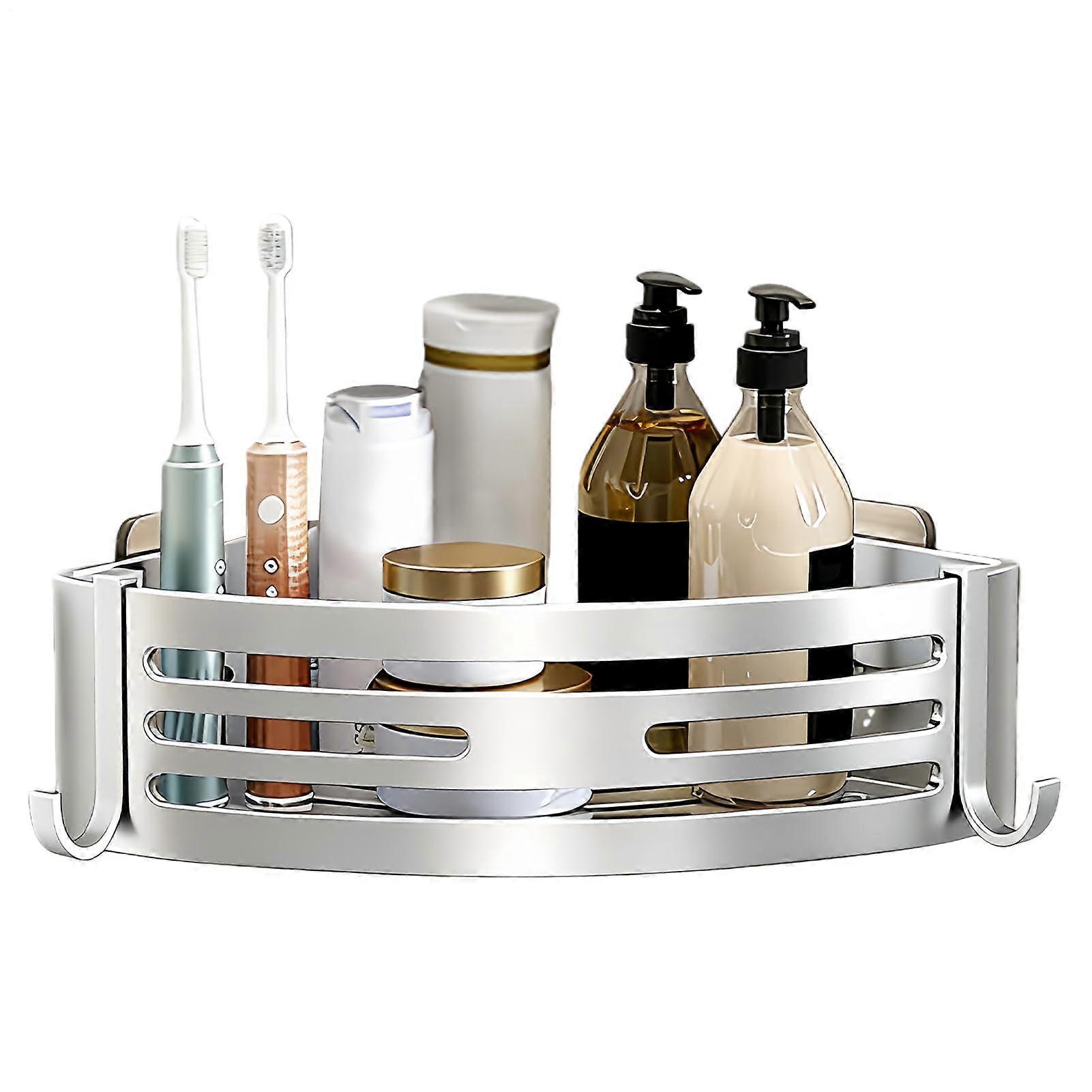 Rustproof Shower Corner Shelf with Hooks, NoDrill Aluminum Bathroom Storage Rack for Small Spaces