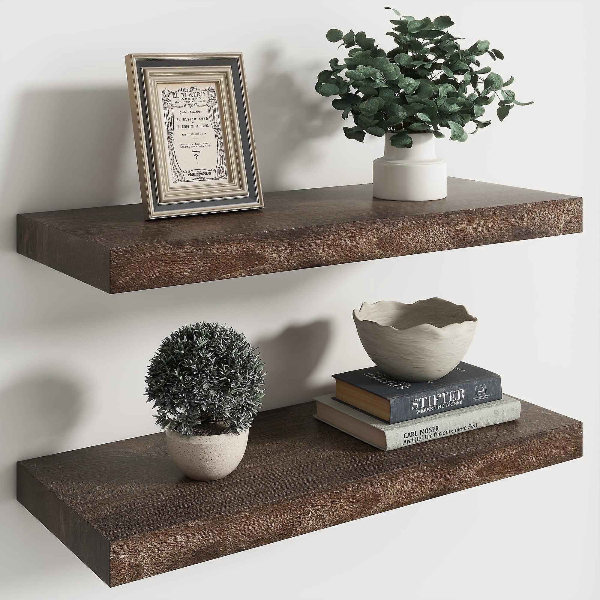 Rustic Elm Floating Shelves for Wall, 24x9.3in Solid Wood with Hidden Brackets, Set of 2 Walnut