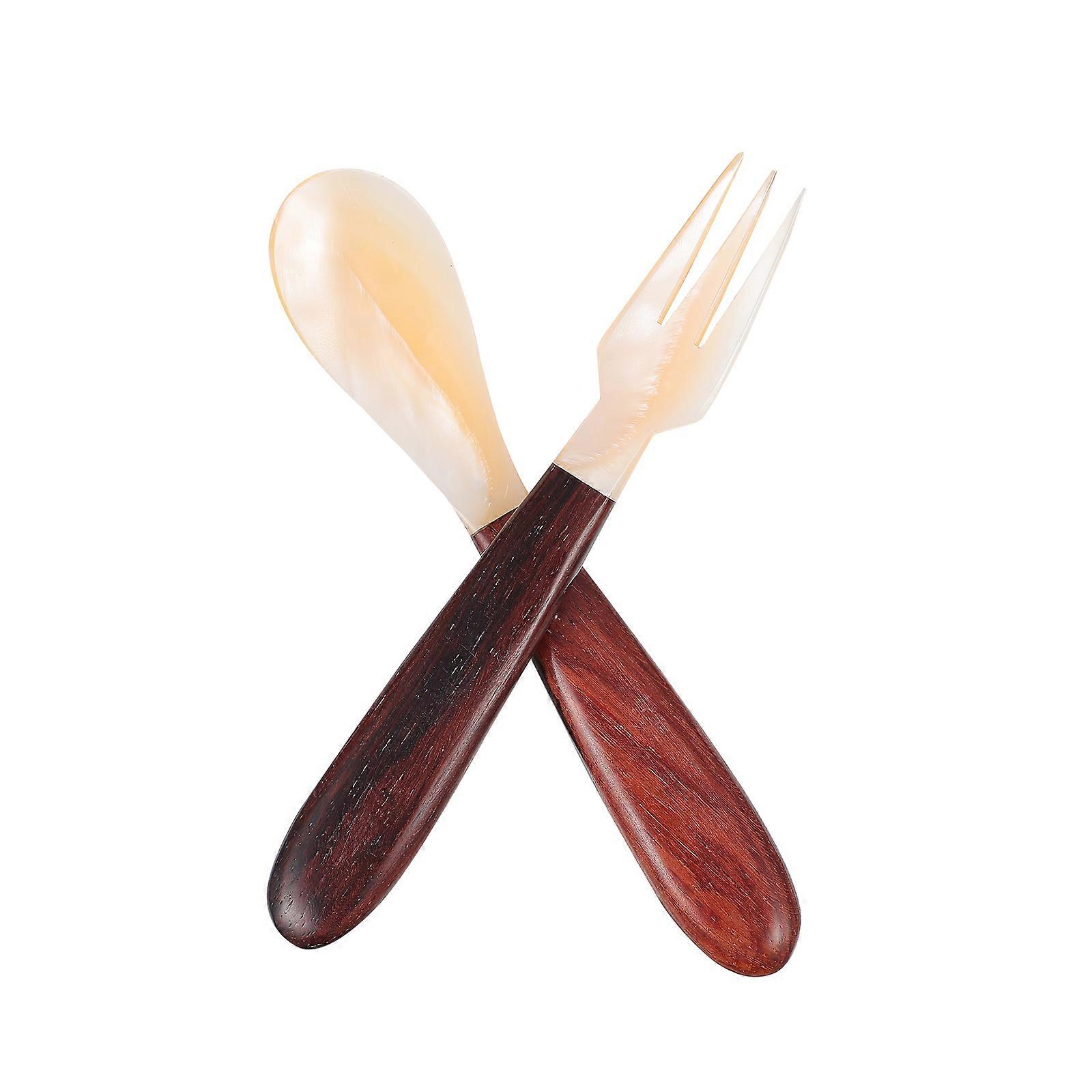 Dessert Spoon Fork Set Tableware Home Use Round Handle Shell Wood 2Pcs