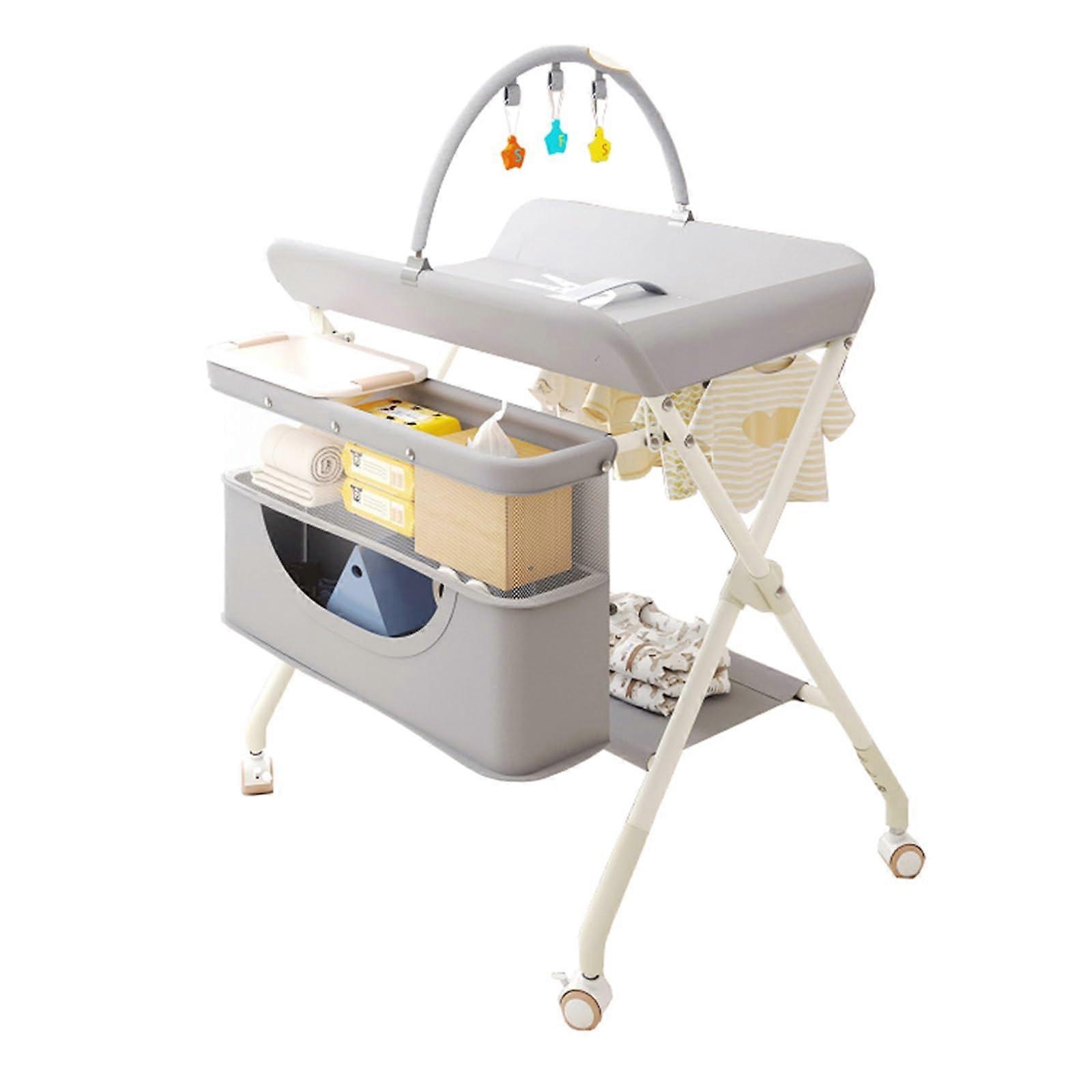 Baby Changing Table Height Adjustable Foldable with Wheels Safety Harness Washable Cover Gray