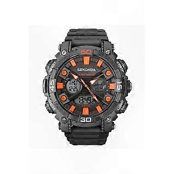 Herresportsklokke med kronograf og alarm, 49 mm, sølvfarget urskive, svart reim