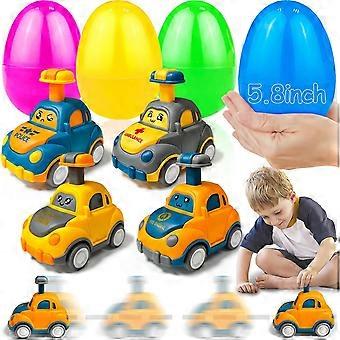 4-pakning 5,8 tommers påskeegg fylt med Press and Go-bil-påskeleker, overraskelsesegg for barn, gutter, småbarn, påskekurv, essensielle fyllesaker fylt med øst