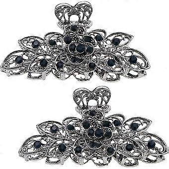 Women Retro Chic Rhinestone Alloy Fancy Hair Claw Jaw Clips Pins -vintage Flowers Hair Catch Updo Grip Hair Accessories For Thick Hairblue Diamond (2p