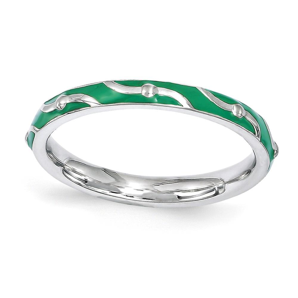 2.5mm 925 Sterling Silver Polished Patterned Stackable Green Enamel Ring-Stackable-Ring for Women - Ring Size: 5 to 10