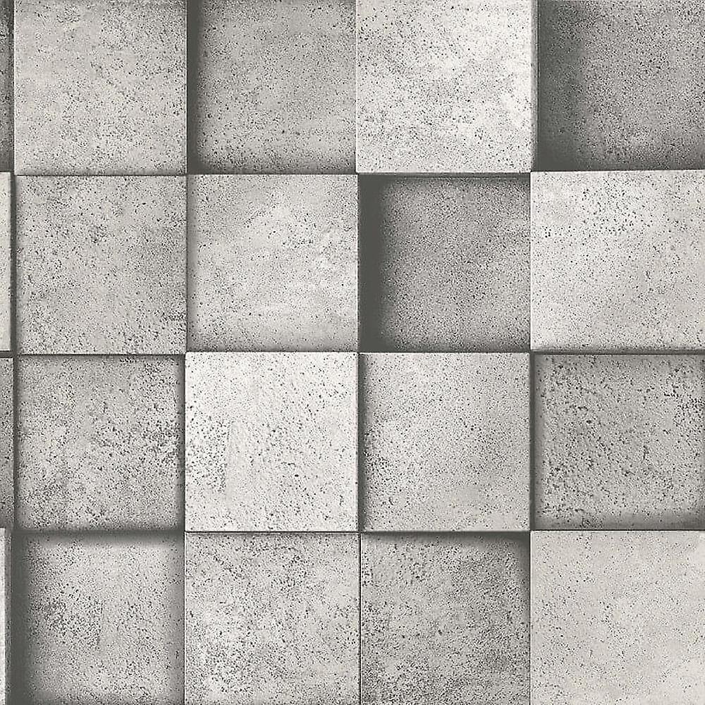 3D Effect Square Stone Silver Grey Copper Metallic Wallpaper Fine Decor