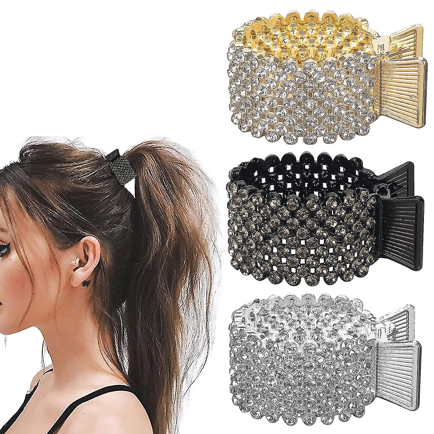 3pcs Small Hair Claw Clips For High Ponytail, Rhinestone Shark