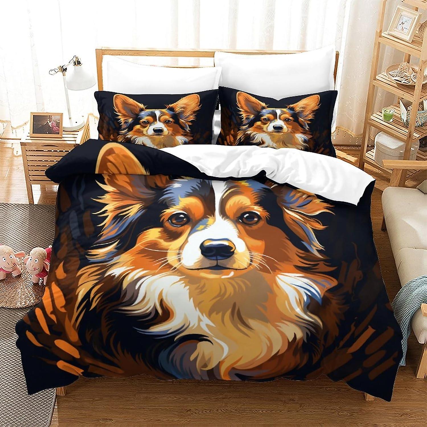 Peinture à l’huile imprimée en 3D Corgi Housse de couette Ensemble de literie mignon, Microfibre douce, 2 taies d’oreiller, Fermeture éclair cachée,