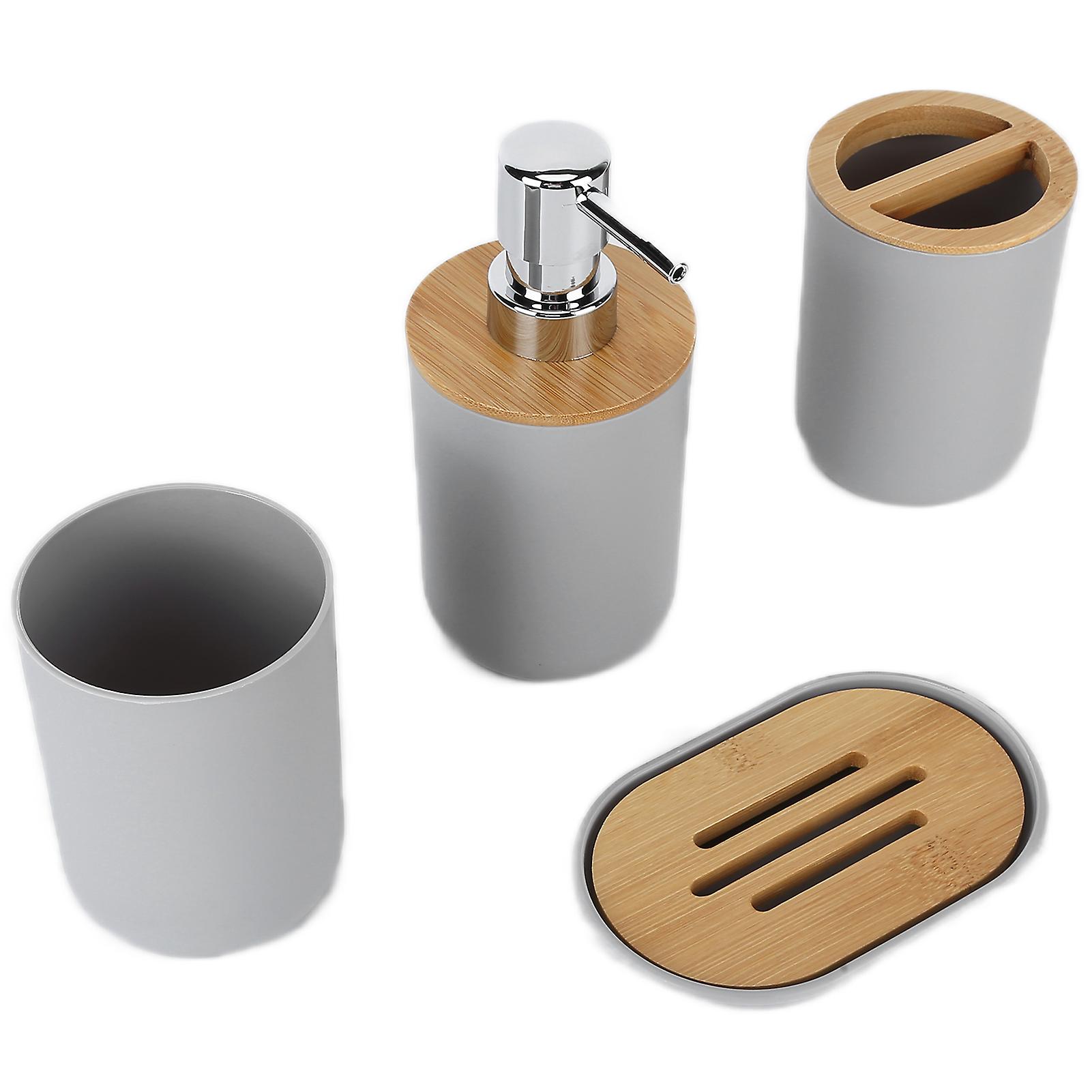 4Pcs Bamboo Bathroom Set Grey, Durable Waterproof, Toothbrush Cup