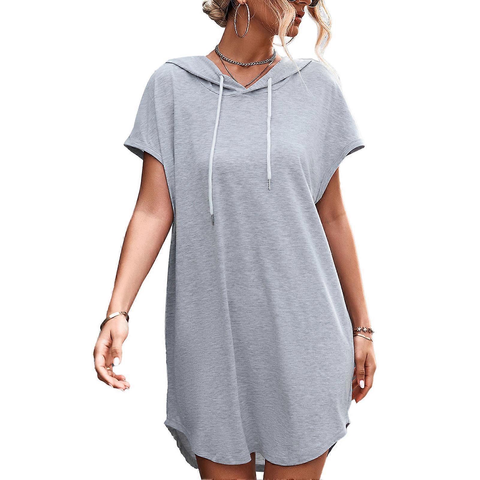Wome Hooded Dress Summer Casual Solid Color Loose Wait Wrap Hem Pullover Drawstring Sweatshirt