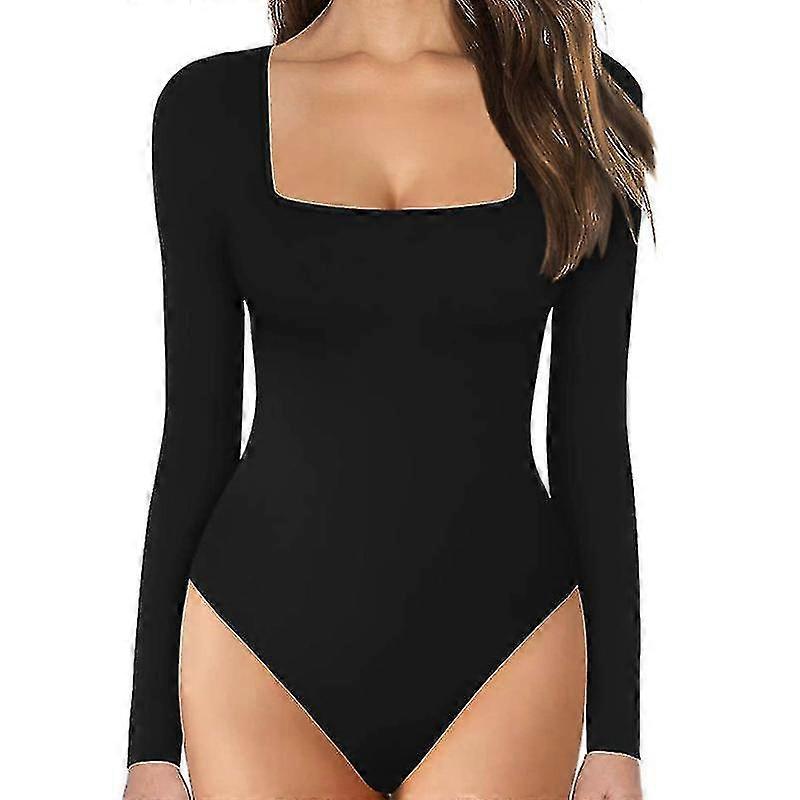 Women's Square Neck Long Sleeve Tops Printed Solid Color Bodysuits