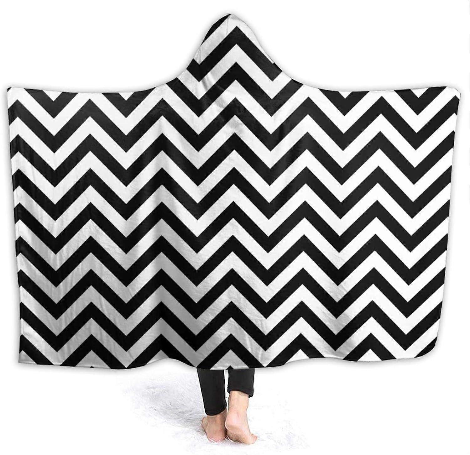 Cobertor com Capuz Preto e Branco Chevron Cobertor Macio Plush Wearable Robe Quente com Capuz Poncho Capa Wrap Roupão de Banho Sofá Cama de Flanela para Dormir 50"x