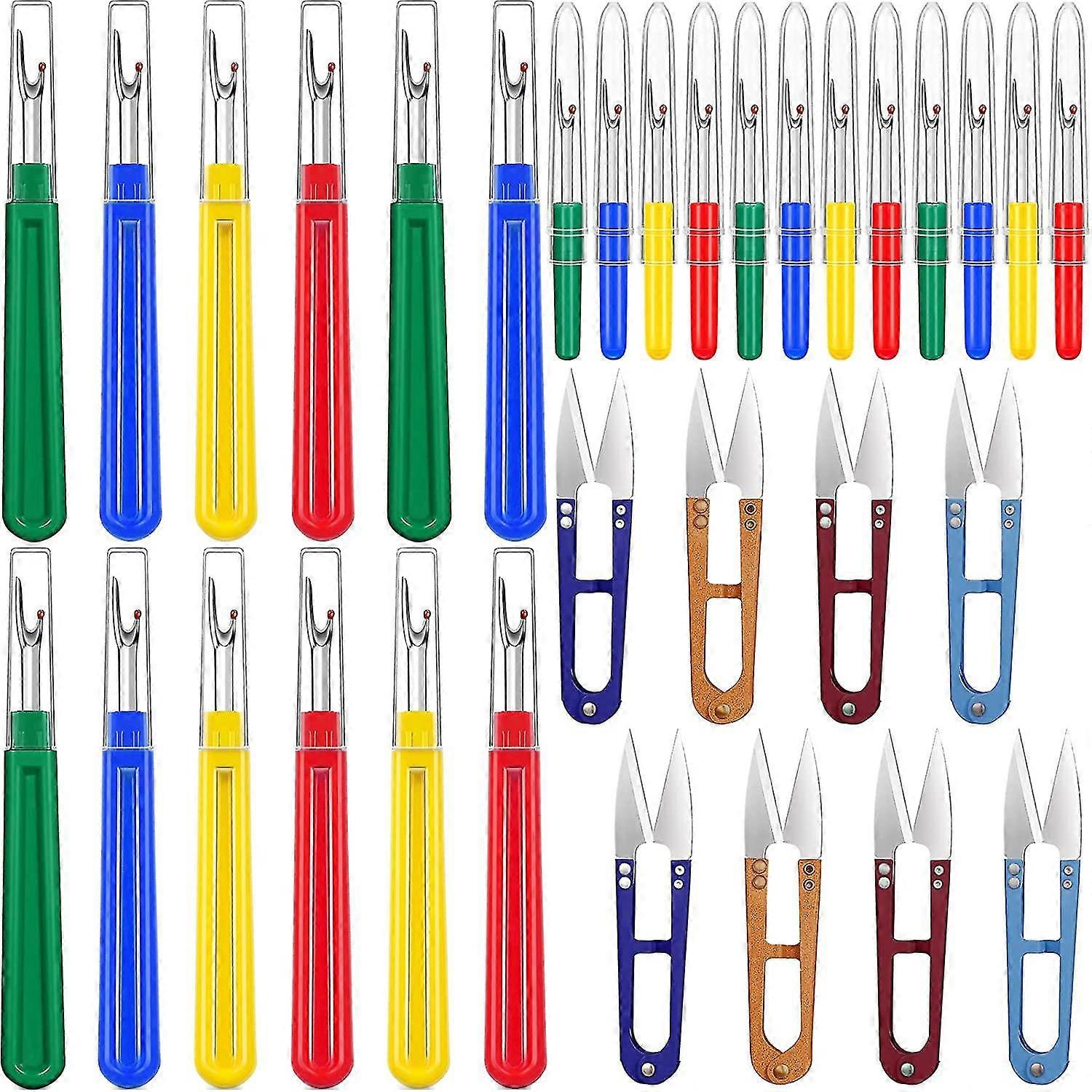 32 Pcs Colorful Seam Ripper And Thread Remover Kit, 12 Big And 12 Small Thread Cutter Stitch Remover With 8 Scissors Sewing Tools Thread Snips Cutters