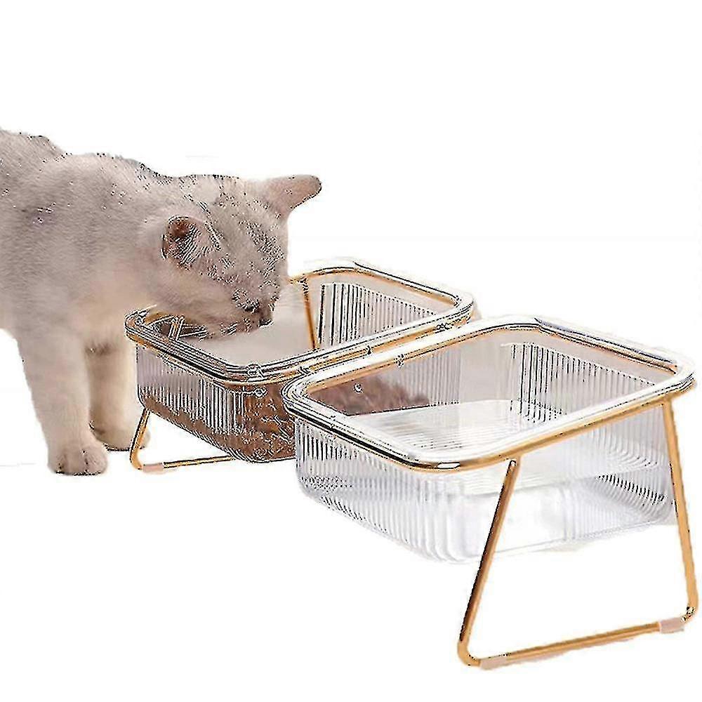 Double Cat Bowl With Raised Support, Tilt 15 , Non-slip, Transparent, For Food And Water, Gold